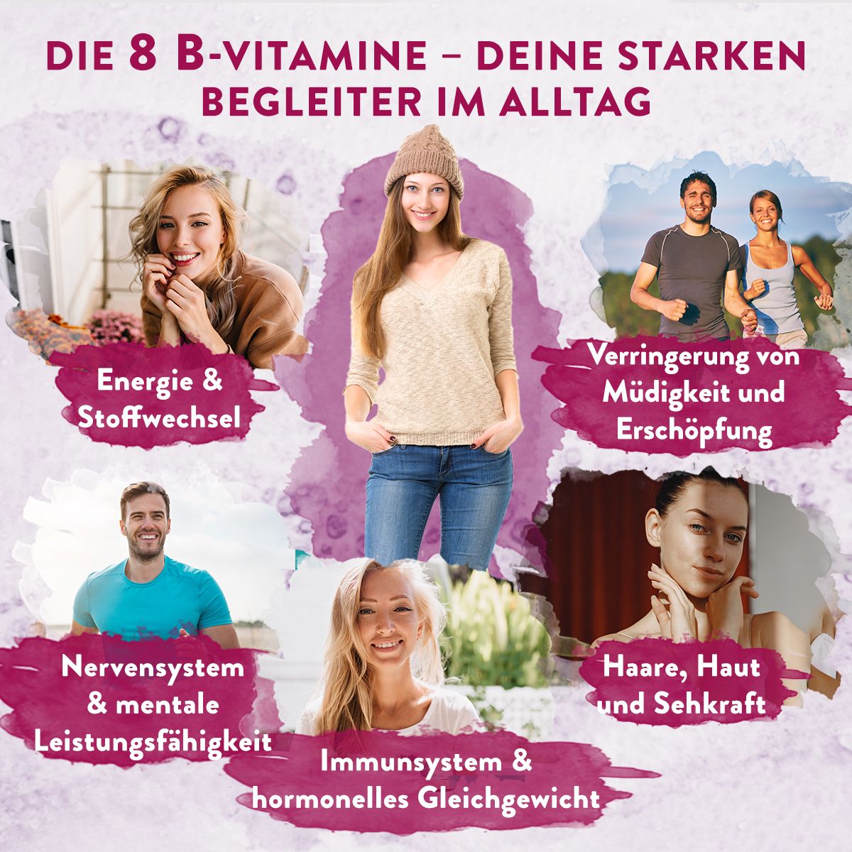Menschen mit verschiedenen Aktivitäten. AAVALABS Vitamin B Komplex. Energie, Stoffwechsel, Nervensystem.