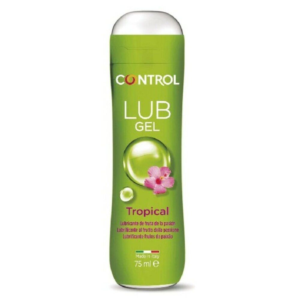Grüne Flasche mit weißem Deckel. Aufschrift: CONTROL LUB GEL Tropical. Enthält 75 ml. Mit Abbildung einer Blüte.