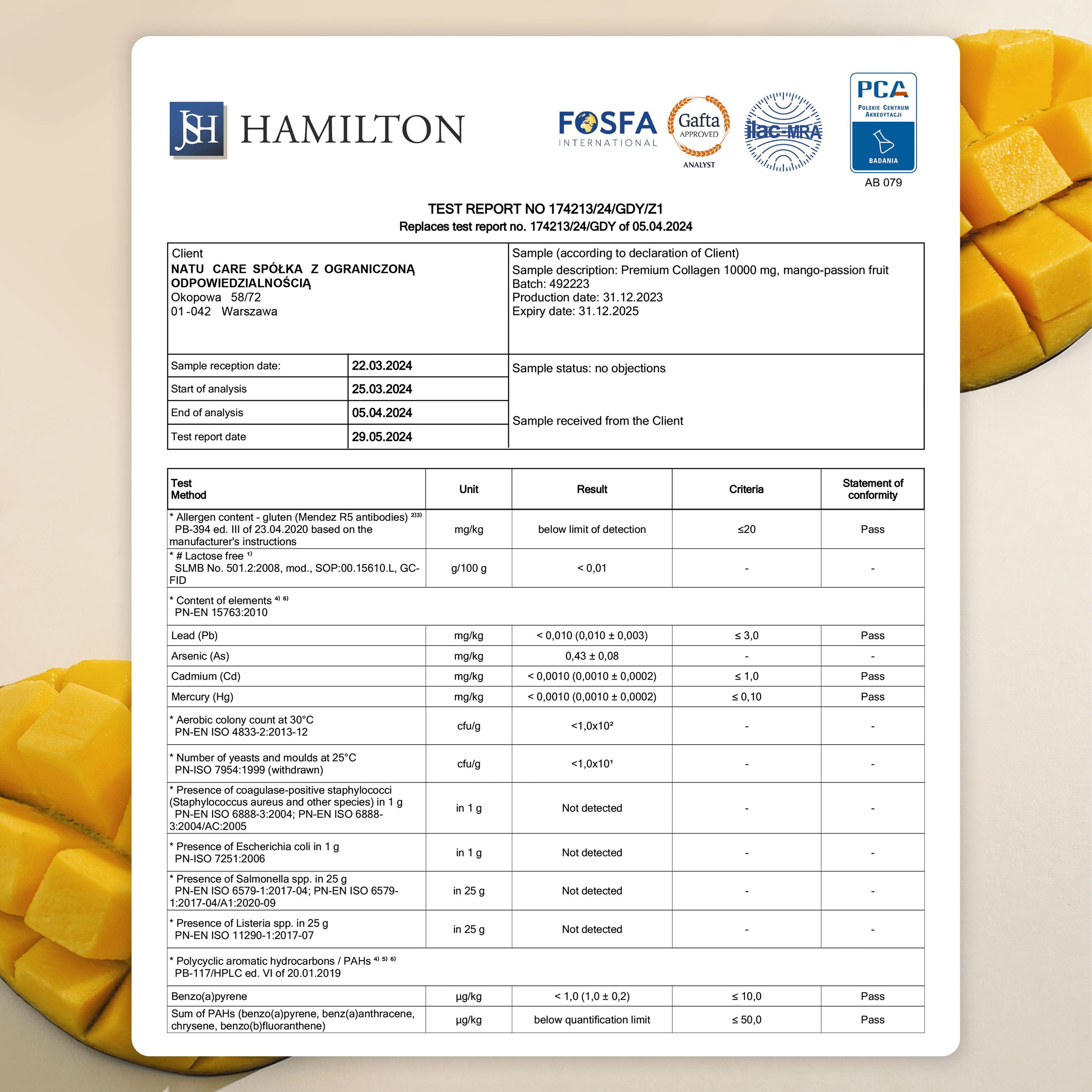 Testbericht. Analyseergebnisse für Natu.Care Premium Kollagen. Ohne Beanstandungen.