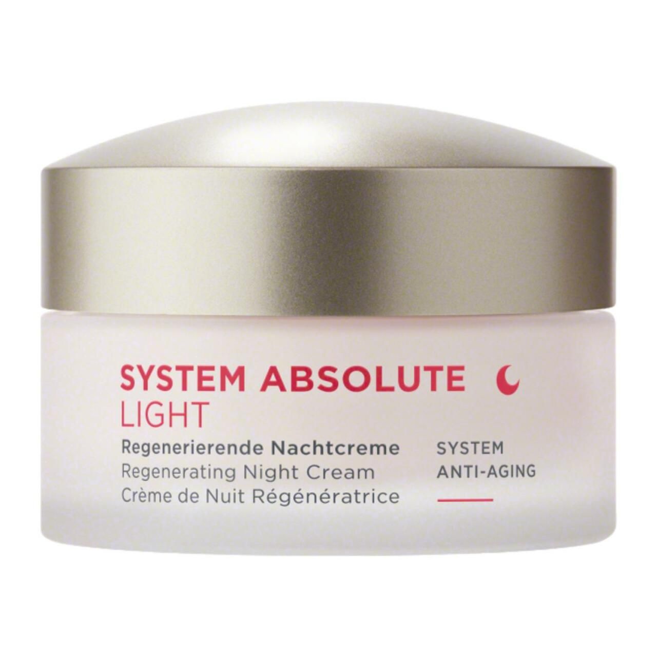 Creme-Tiegel mit Deckel. Aufschrift: SYSTEM ABSOLUTE LIGHT, Regenerierende Nachtcreme. Anti-Aging.
