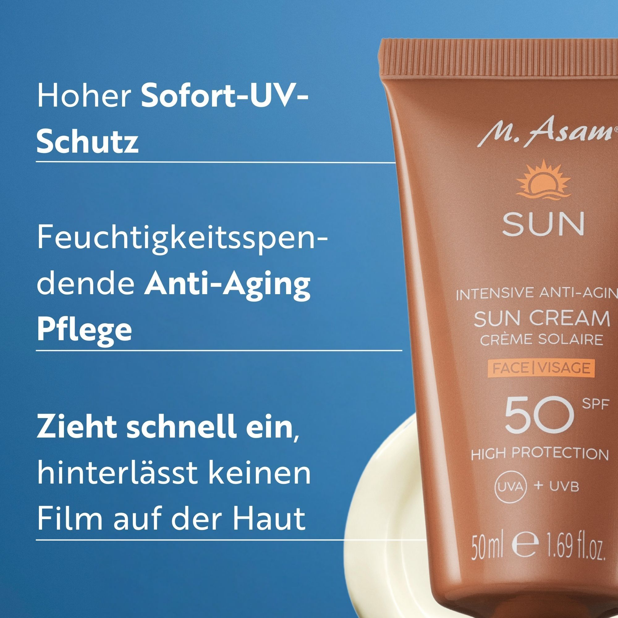Produkt-Tube mit Text. Text: Hoher Sofort-UV-Schutz, Feuchtigkeitsspendende Anti-Aging Pflege, Zieht schnell ein, hinterlässt keinen Film.