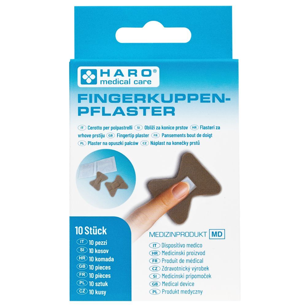 Verpackung mit Haro Fingerkuppenpflaster. Zeigt ein Pflaster auf einem Finger. 10 Stück. Medizinprodukt.