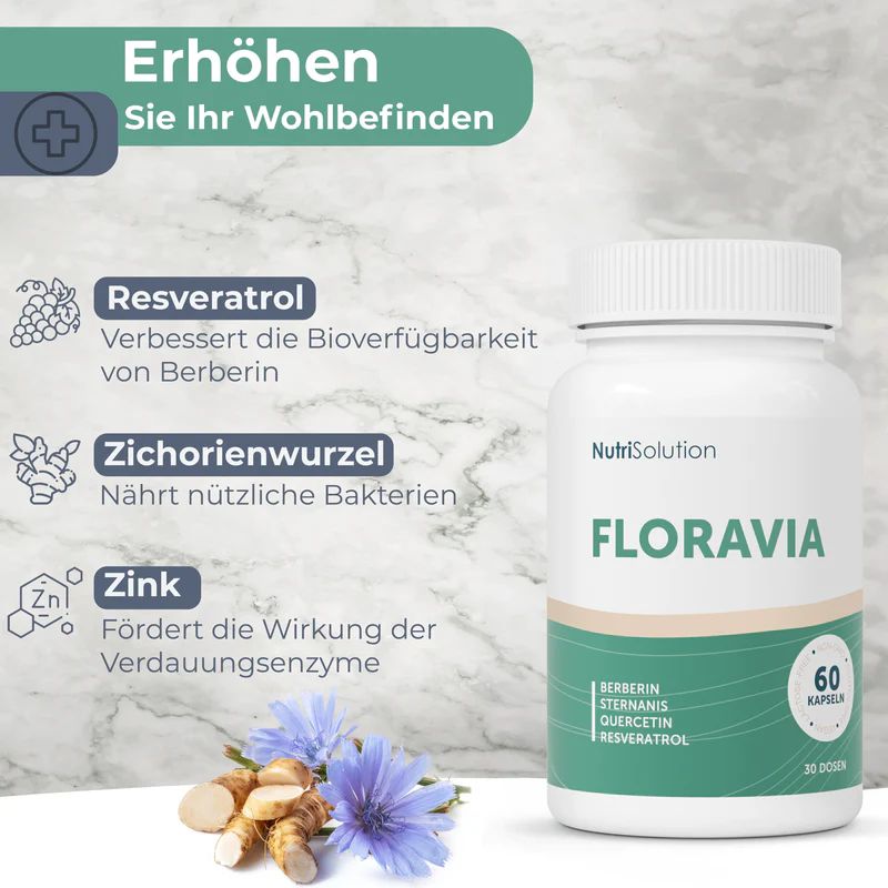 Weiße Flasche mit Kapseln, FLORAVIA. Diagramm mit Resveratrol, Zichorienwurzel, Zink. 60 Kapseln.