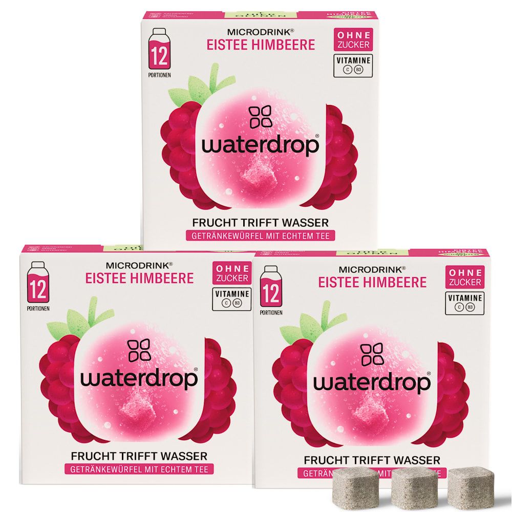 Drei Packungen waterdrop® Eistee Himbeere. Jede Packung enthält 12 Portionen. Aufdruck: Ohne Zucker, Vitamine.