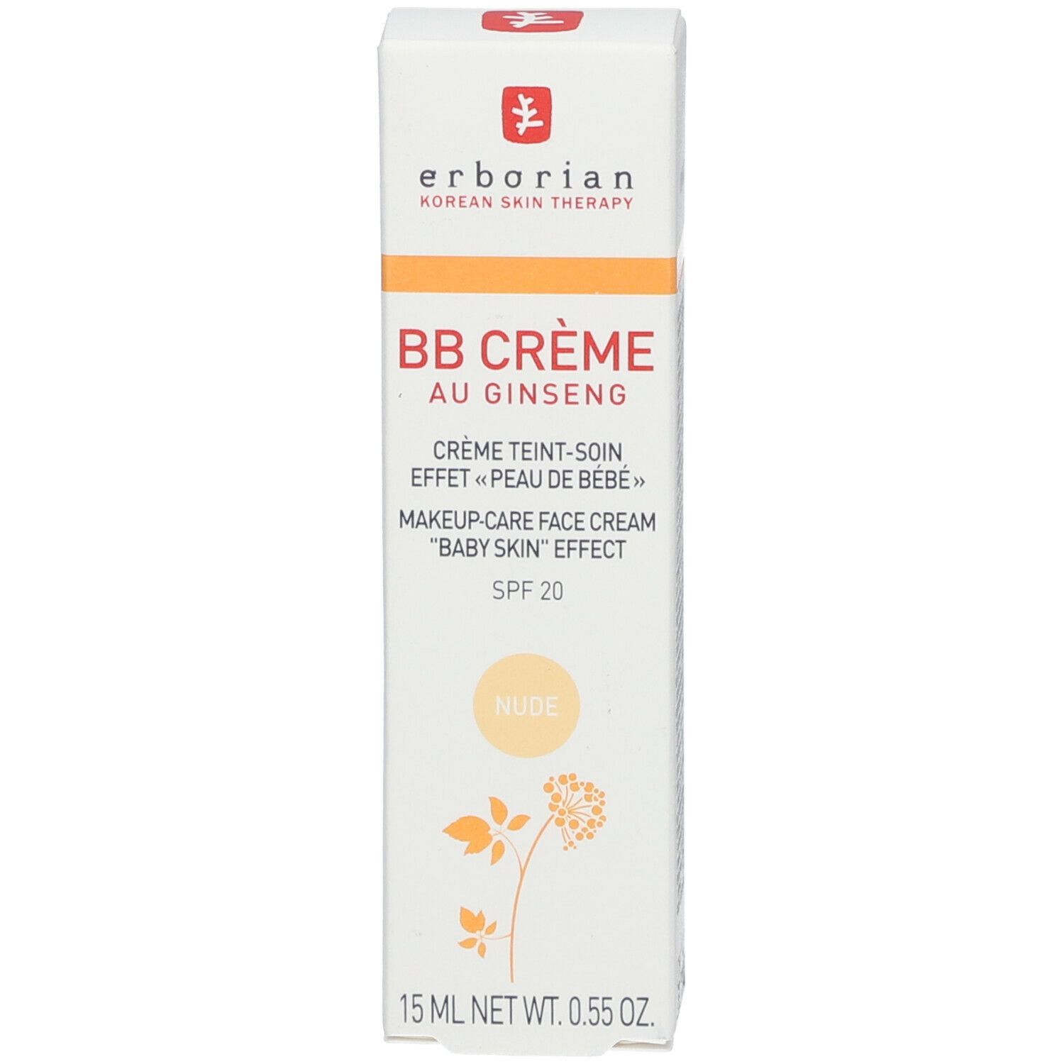 Emballage du produit. Inscription: BB Crème au Ginseng, SPF 20, Nude. Marque: Erborian.