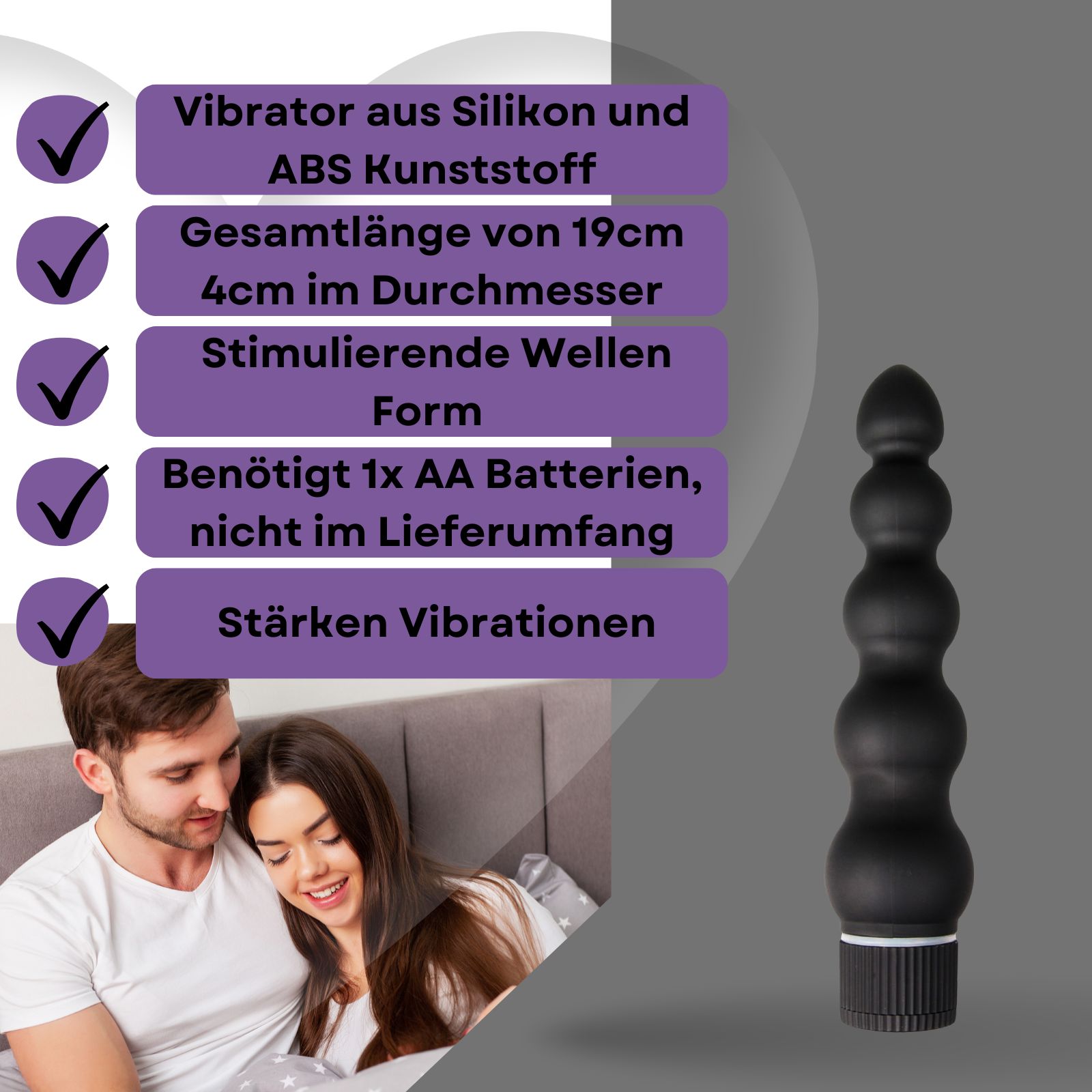 Produktabbildung mit Text: Vibrator aus Silikon und ABS Kunststoff, 19cm lang, 4cm Durchmesser.
