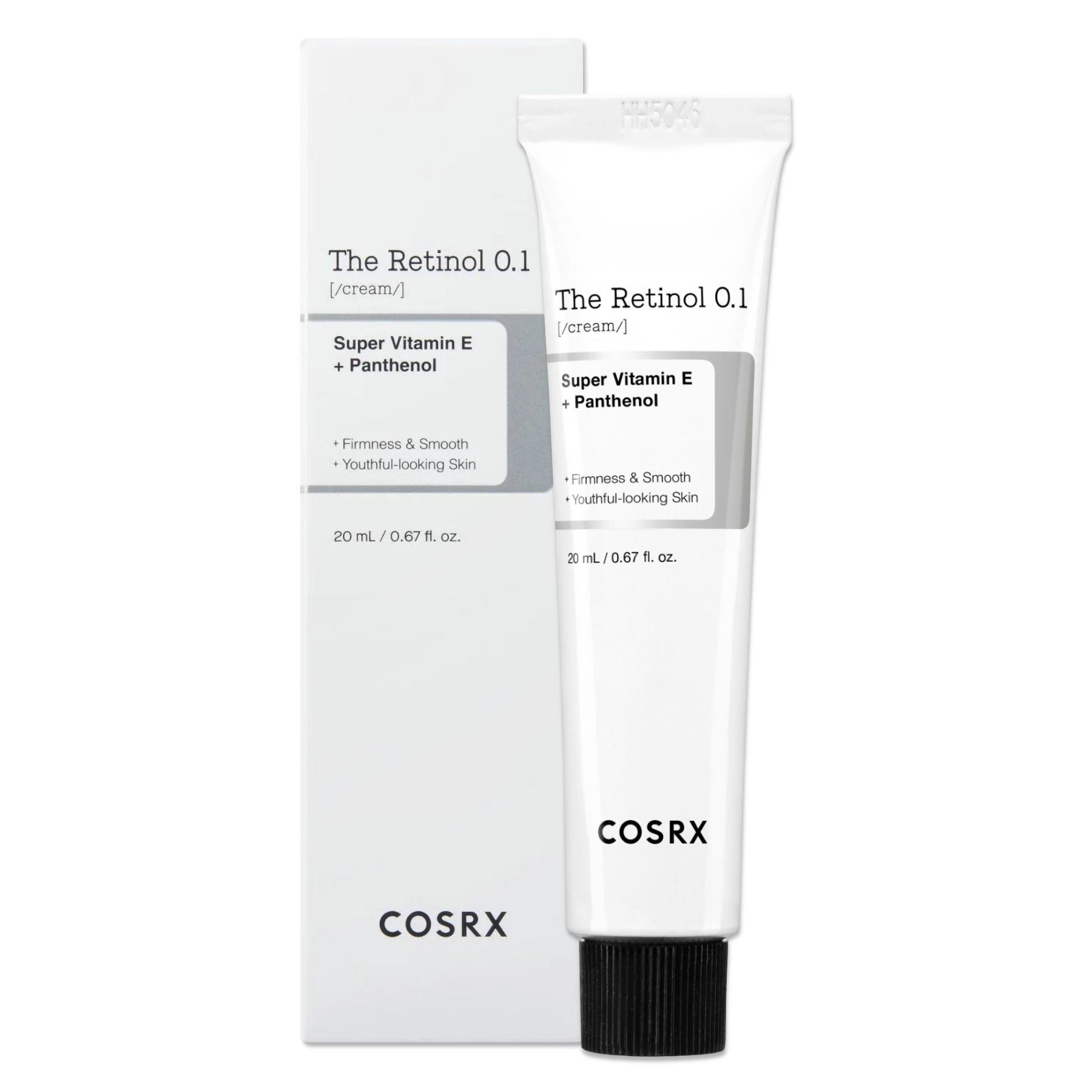 Weiße Tube und Schachtel mit Produktinformationen. Aufschrift: The Retinol 0.1, COSRX. 20 ml.