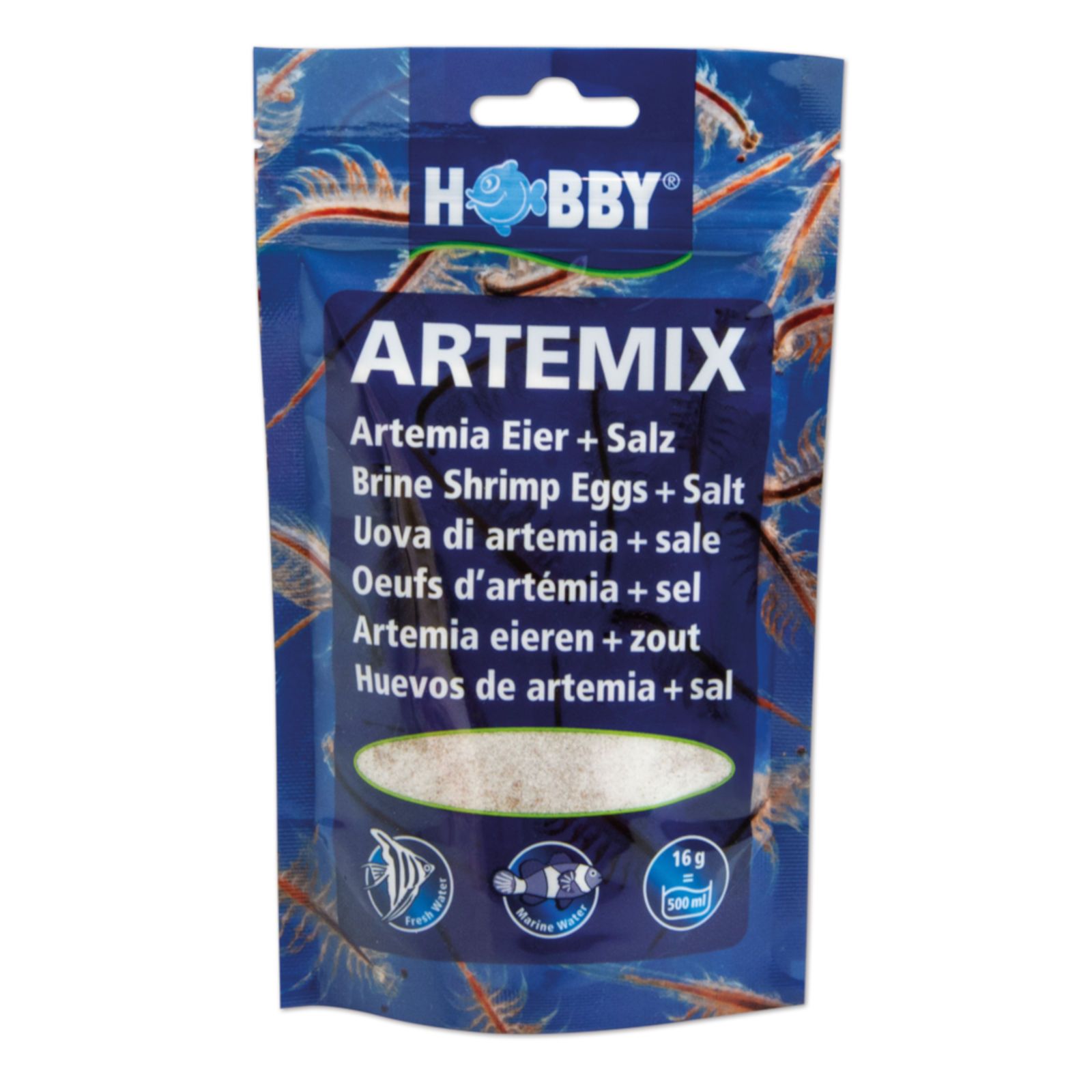 Hobby Artemix, Eier + Salz. Blaue Verpackung mit Produktnamen und Inhaltsangaben. Enthält 16g für 500ml.