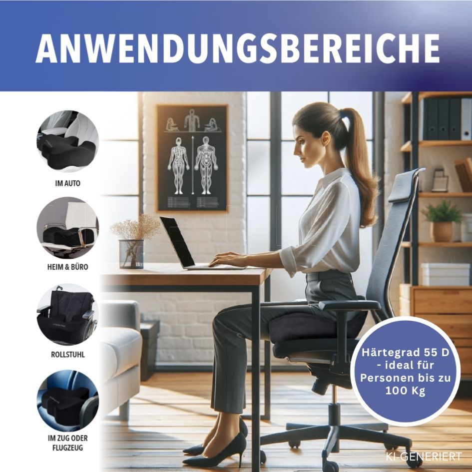 Frau am Laptop, verschiedene Anwendungsszenarien für Sitzkissen, Härtegrad 55 D.