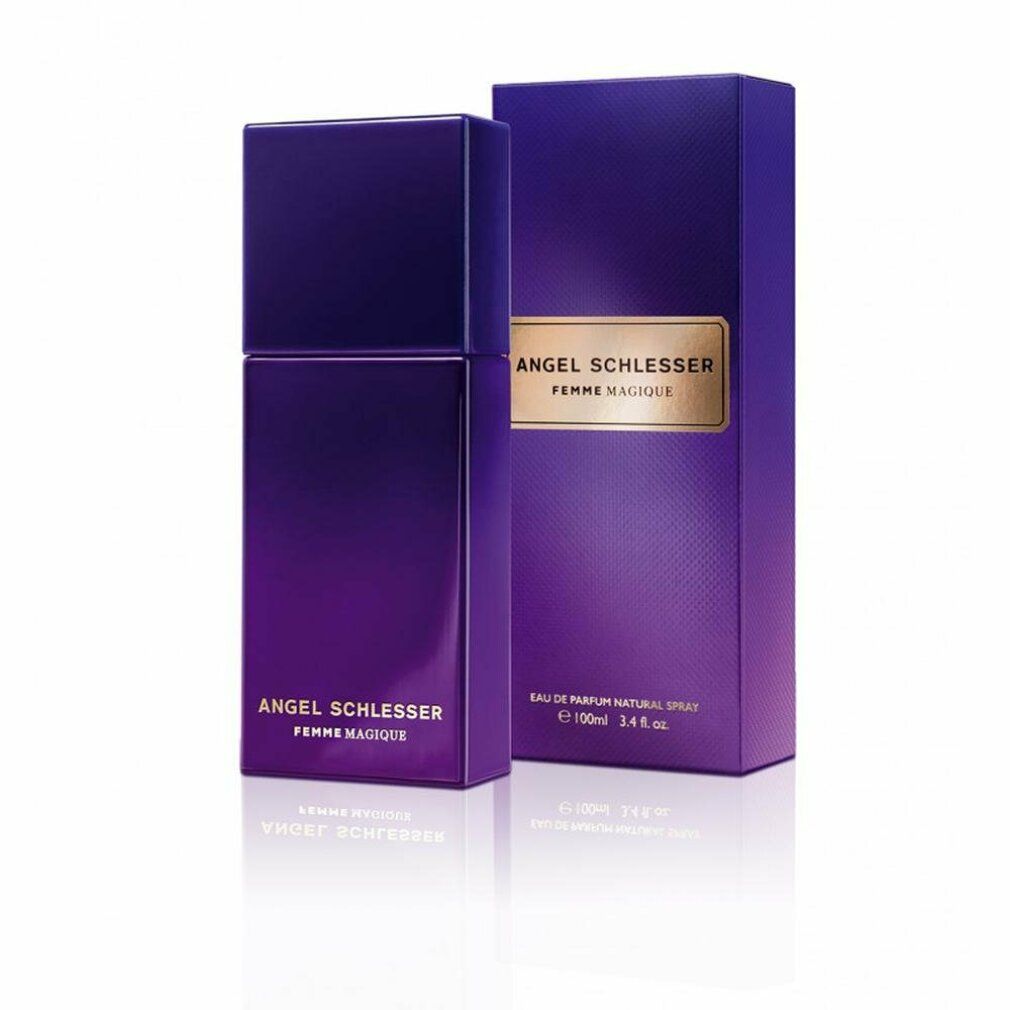 Violett-farbener Flakon und Verpackung. Aufschrift: Angel Schlesser Femme Magique. Eau de Parfum.