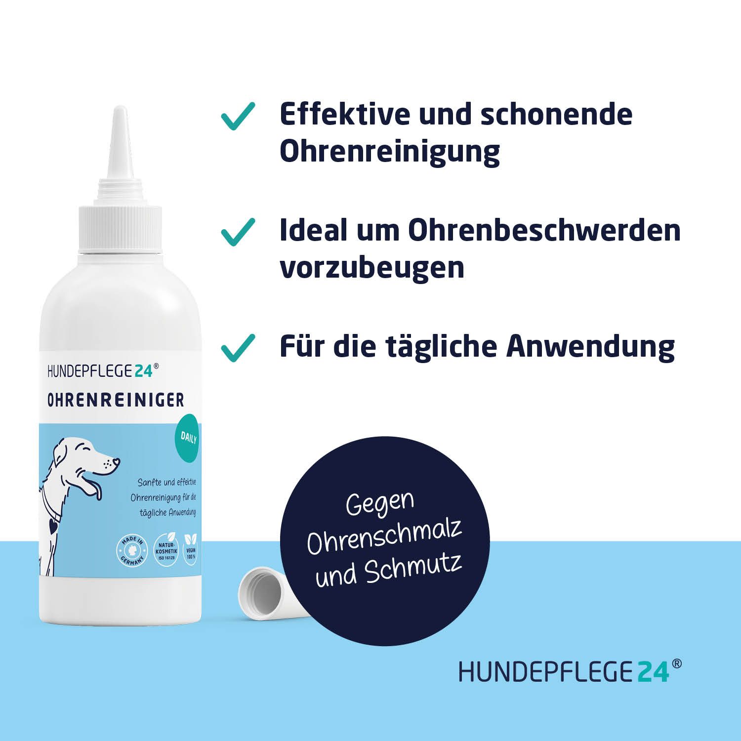 Weiße Flasche mit Spitze und Schraubverschluss. Aufschrift: Hundepflege24 Ohrreiniger Daily. Logo: Hund. Text: Ohrschmalz und Schmutz.