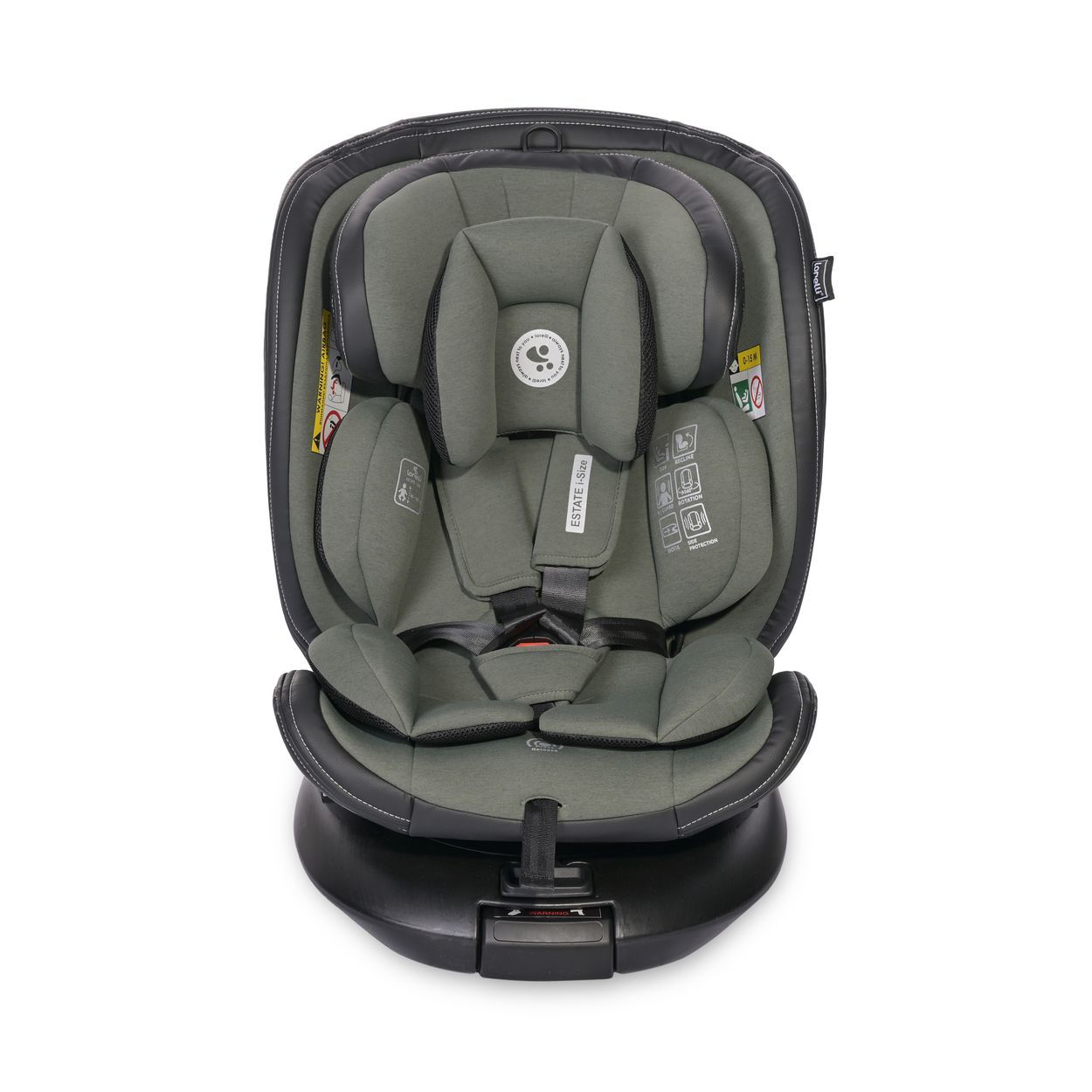 Kindersitz in Grau mit Kopfstütze und Gurten.