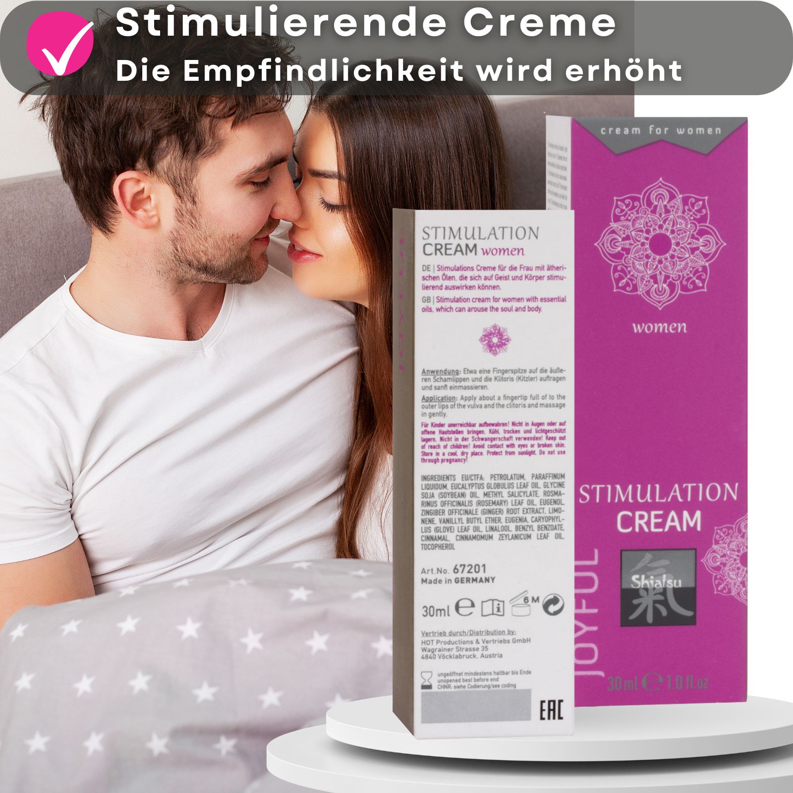 Rosa Tube und Text. Aufschrift: Stimulation Cream, Shiatsu, Joyful. Für Frauen. Paar im Hintergrund.