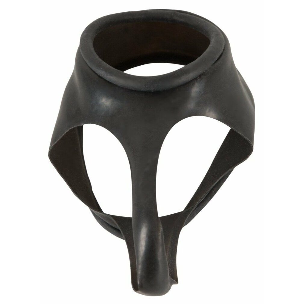 Schwarze Latex-Manschette mit Öffnungen und Halterung. Hodenteiler integriert.