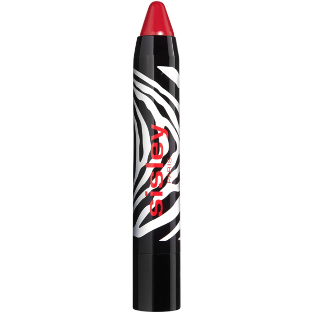 Roter Lippenstift in Stiftform. Schwarzer Stift mit Zebra-Muster und roter Schrift. Spitze geformt.