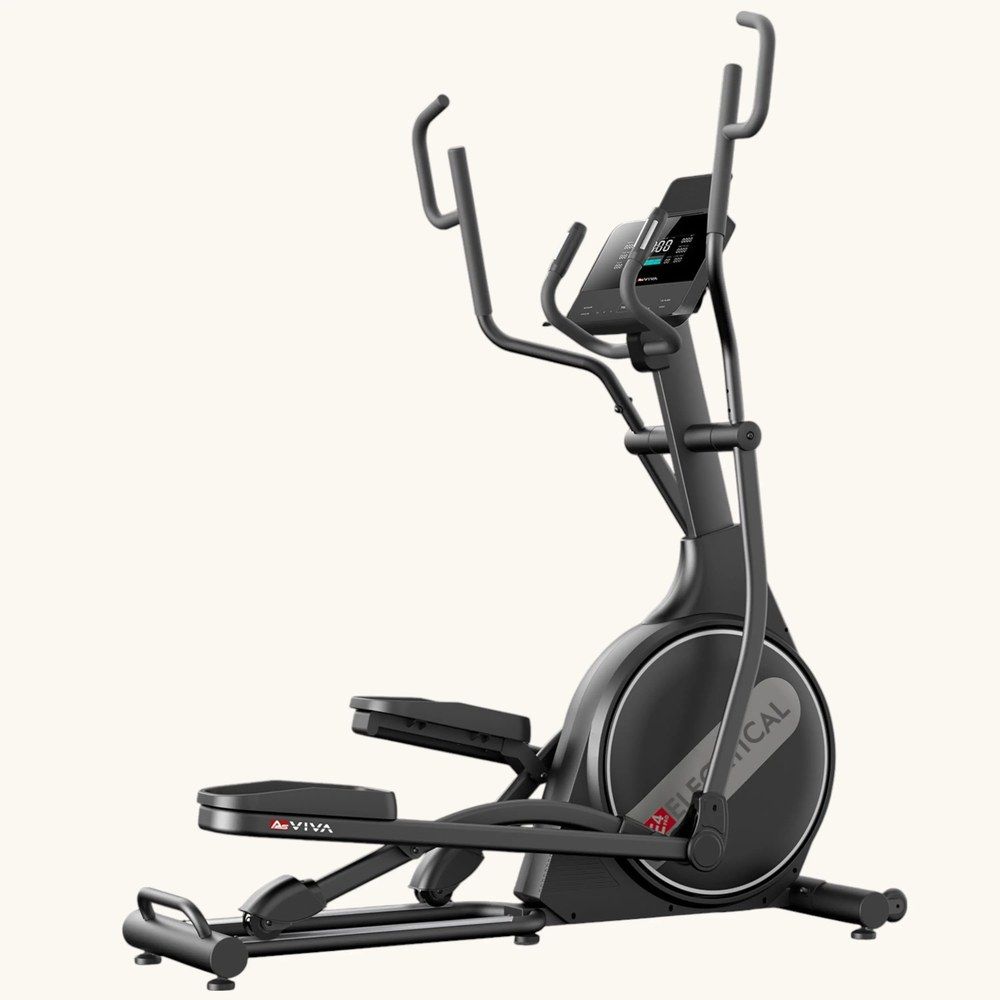 Schwarzer Crosstrainer mit Display und Griffen.