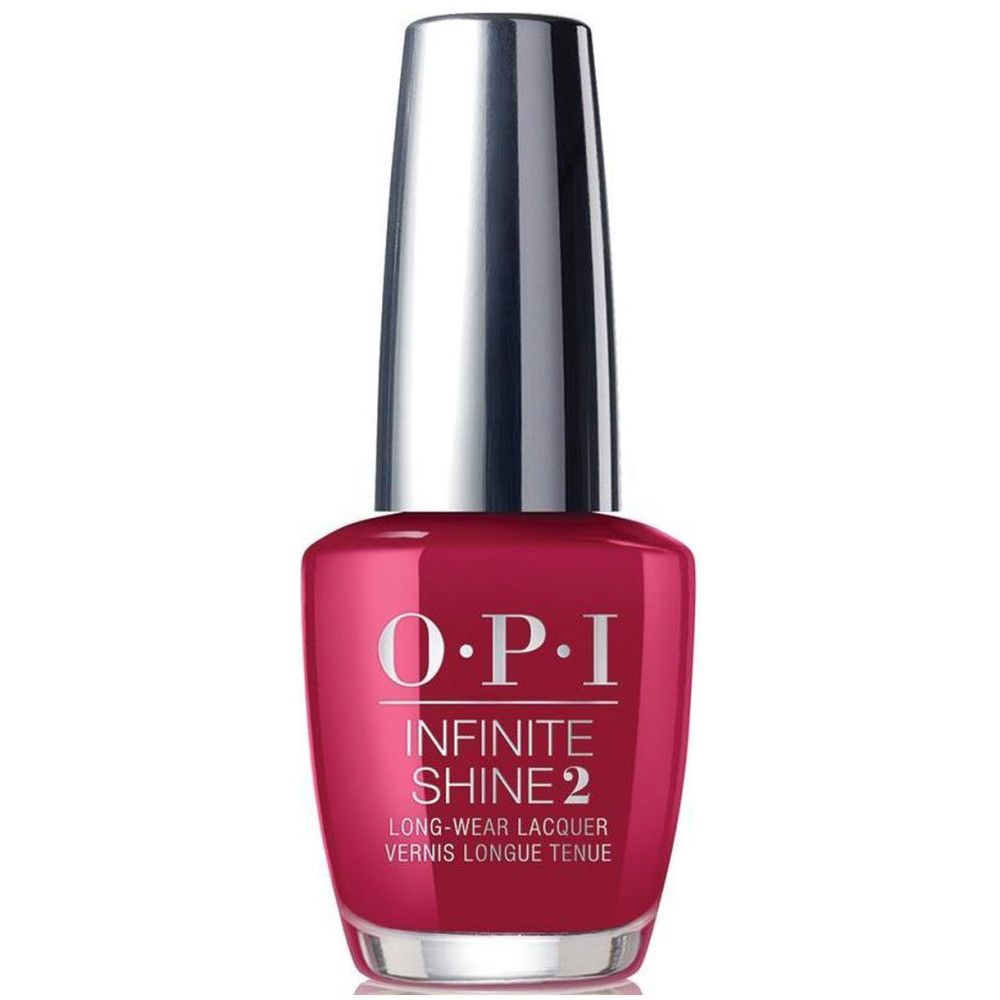 Nagellackflasche, rot, mit silbernem Deckel. OPI Infinite Shine 2-Logo.