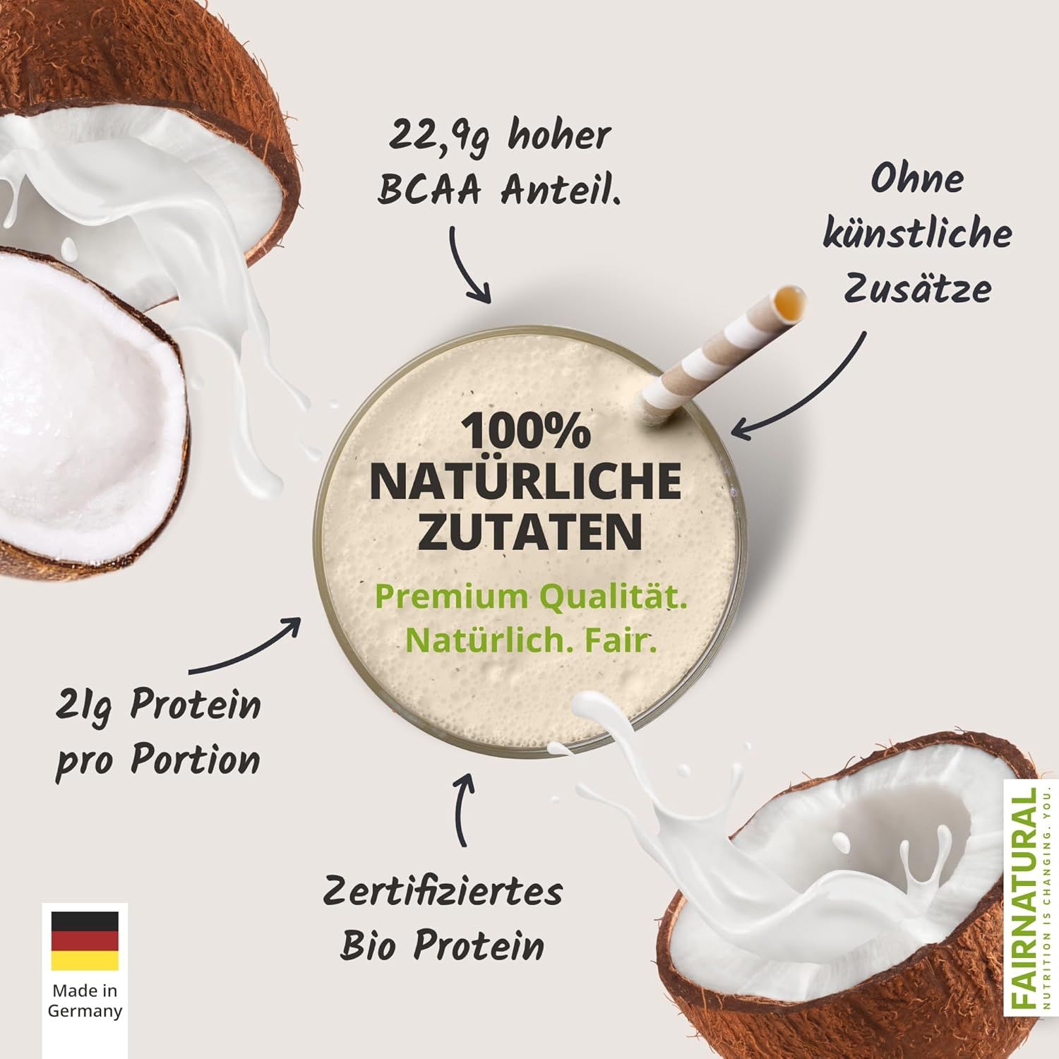 Shake mit Kokosmilch und Kokosnuss. Text: 100% natürliche Zutaten, 21g Protein pro Portion, 22,9g hoher BCAA Anteil, zertifiziertes Bio Protein.