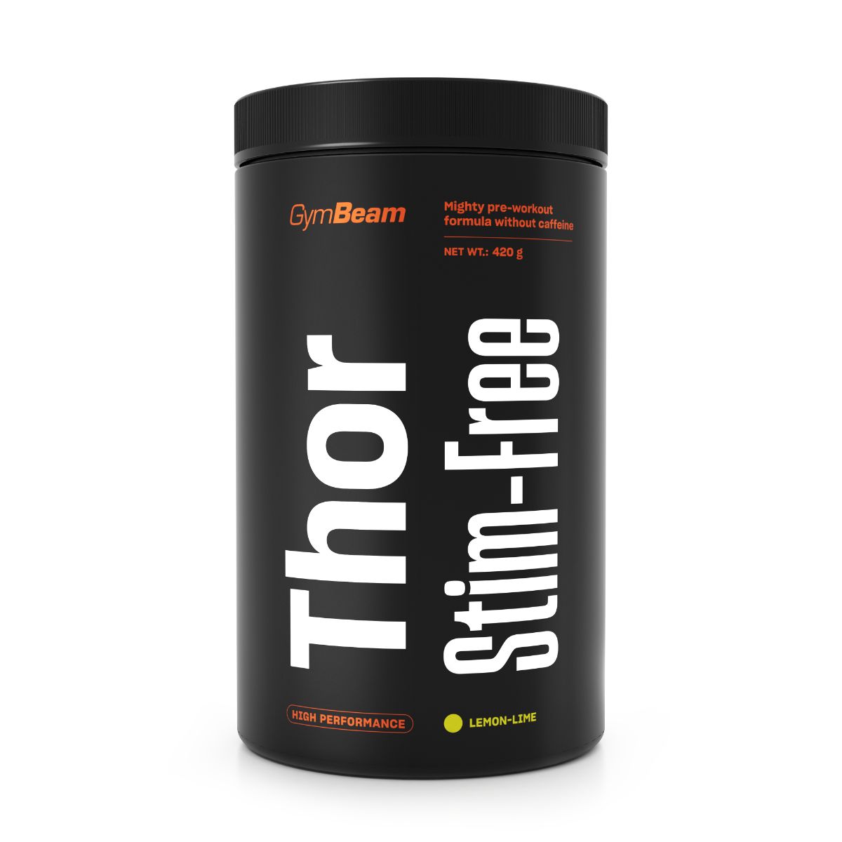 Schwarzer Behälter mit GymBeam Thor Stim-Free Pre-Workout Pulver, Geschmacksrichtung Zitrone-Limette.