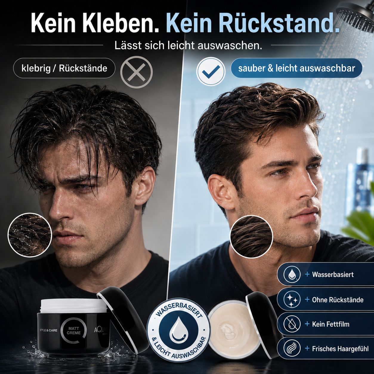 Vergleich: klebrige Haare vs. saubere, leicht auswaschbare Haare. Produkt im Tiegel.