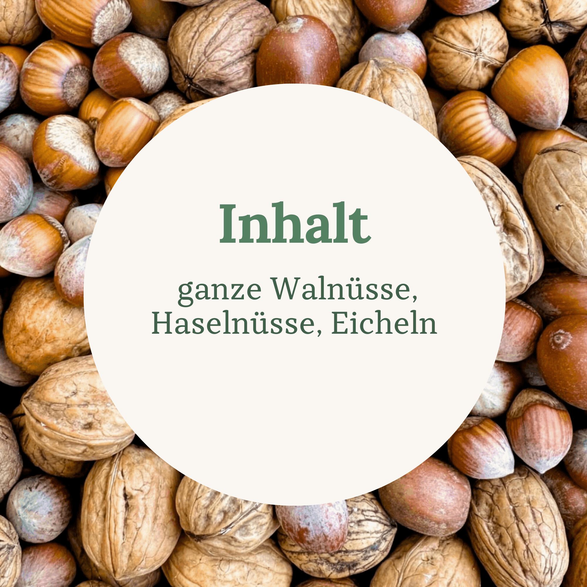 Kreisförmiger Text: Inhalt: ganze Walnüsse, Haselnüsse, Eicheln. Hintergrund: Walnüsse, Haselnüsse und Eicheln.