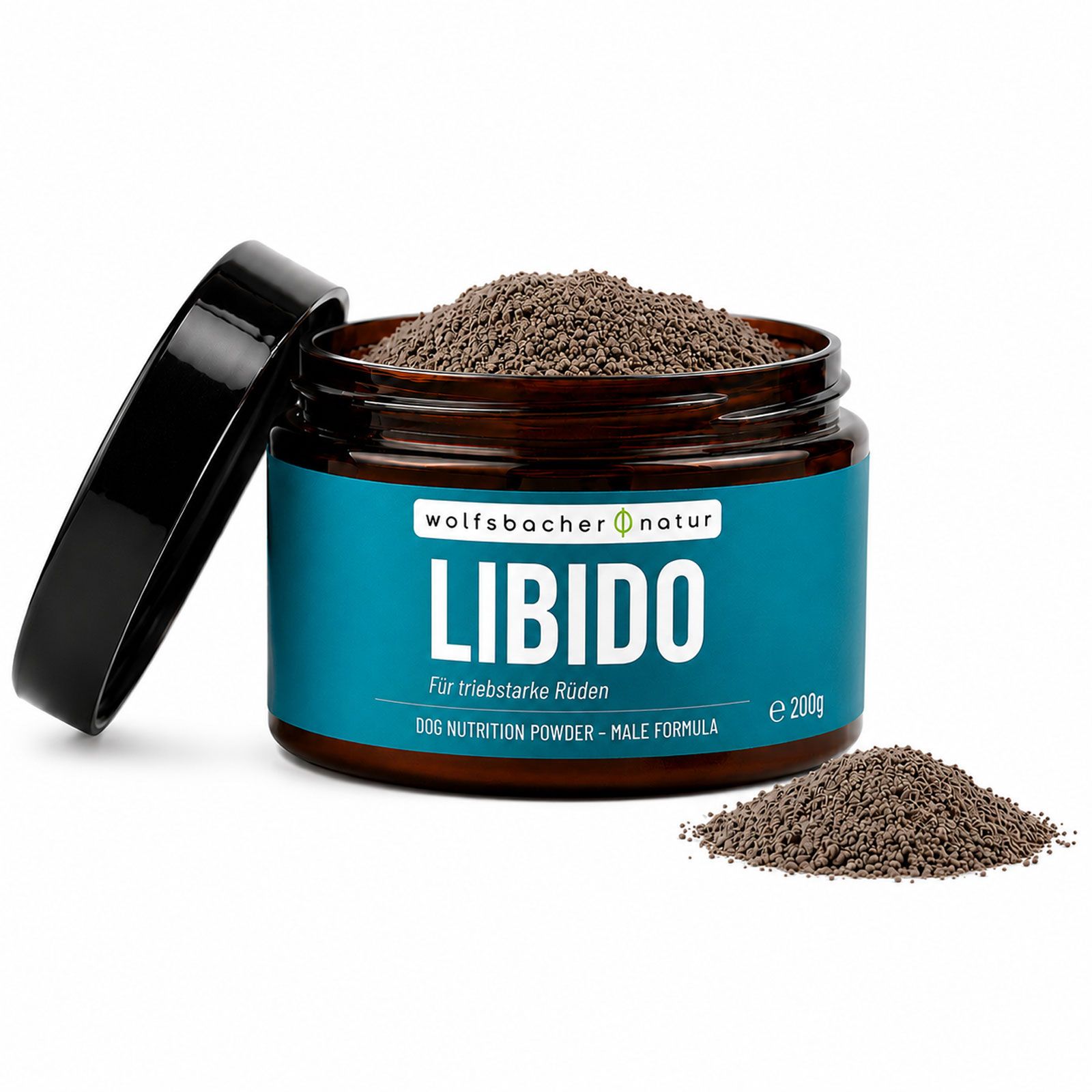 Offener Behälter mit Pulver "Libido" für Hunde. Daneben ein kleiner Haufen Pulver.