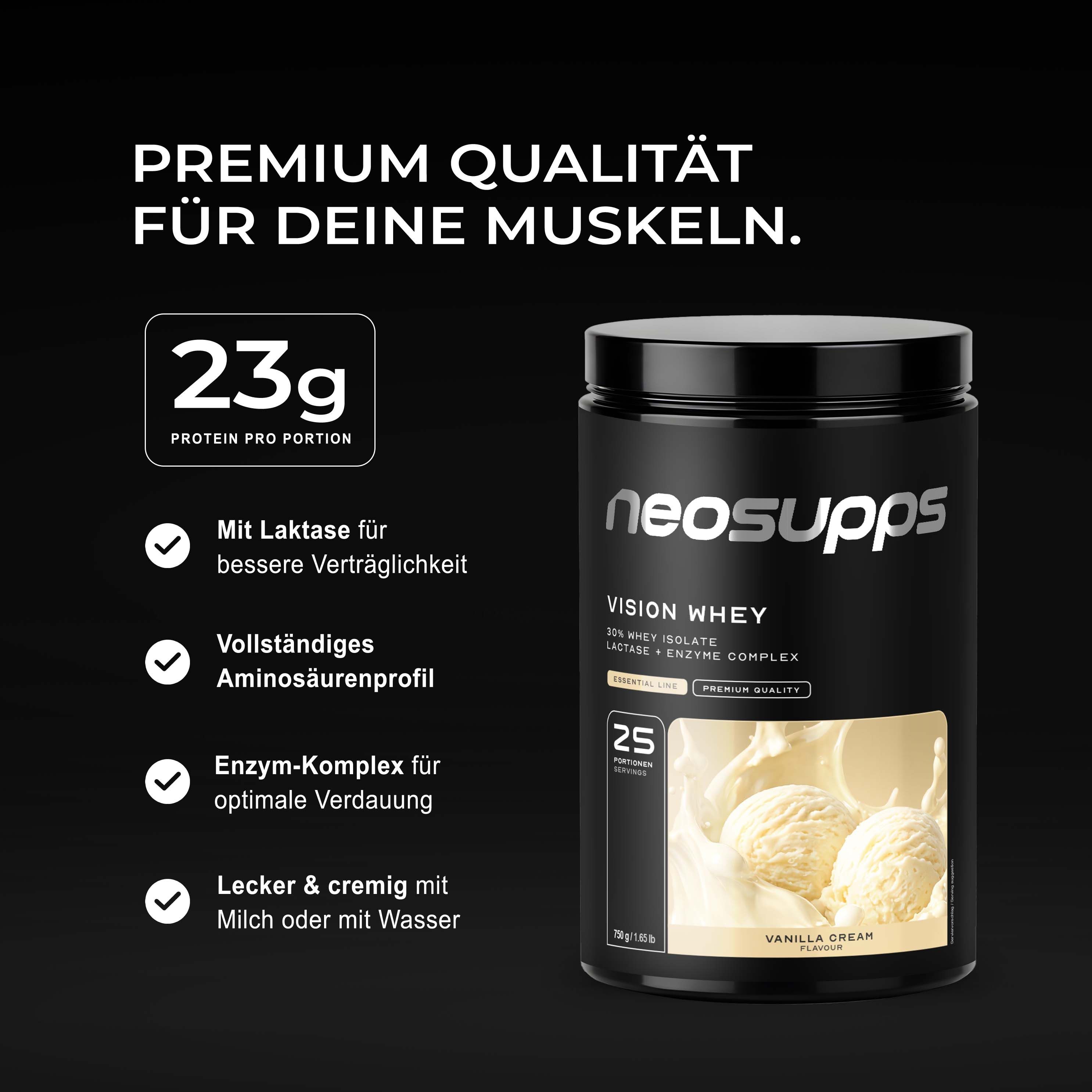 Neosupps Vision Whey Protein Pulver Behälter mit Text über Muskelaufbau und Protein.