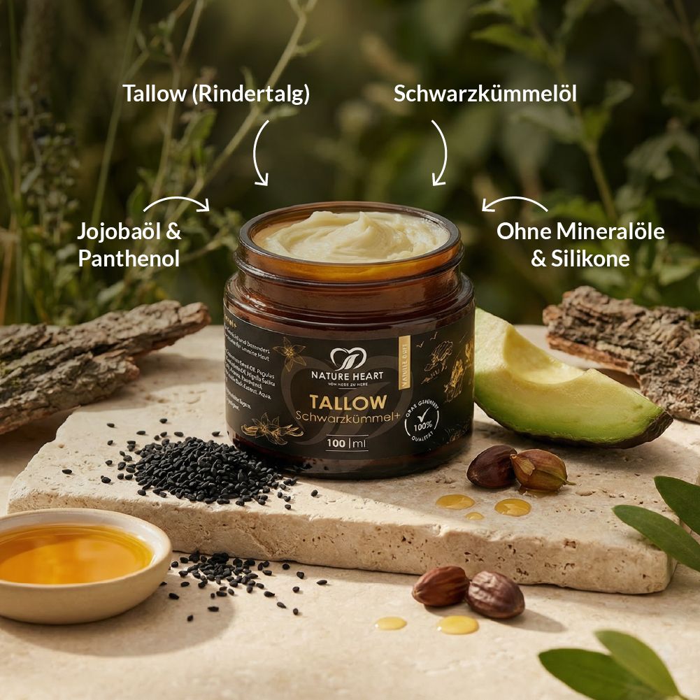 Braune Glasdose mit gelblicher Creme, daneben Avocado, Schwarzkümmelsamen, Jojobaöl und Nüsse. Text: Tallow Schwarzkümmel+ und Zutaten.