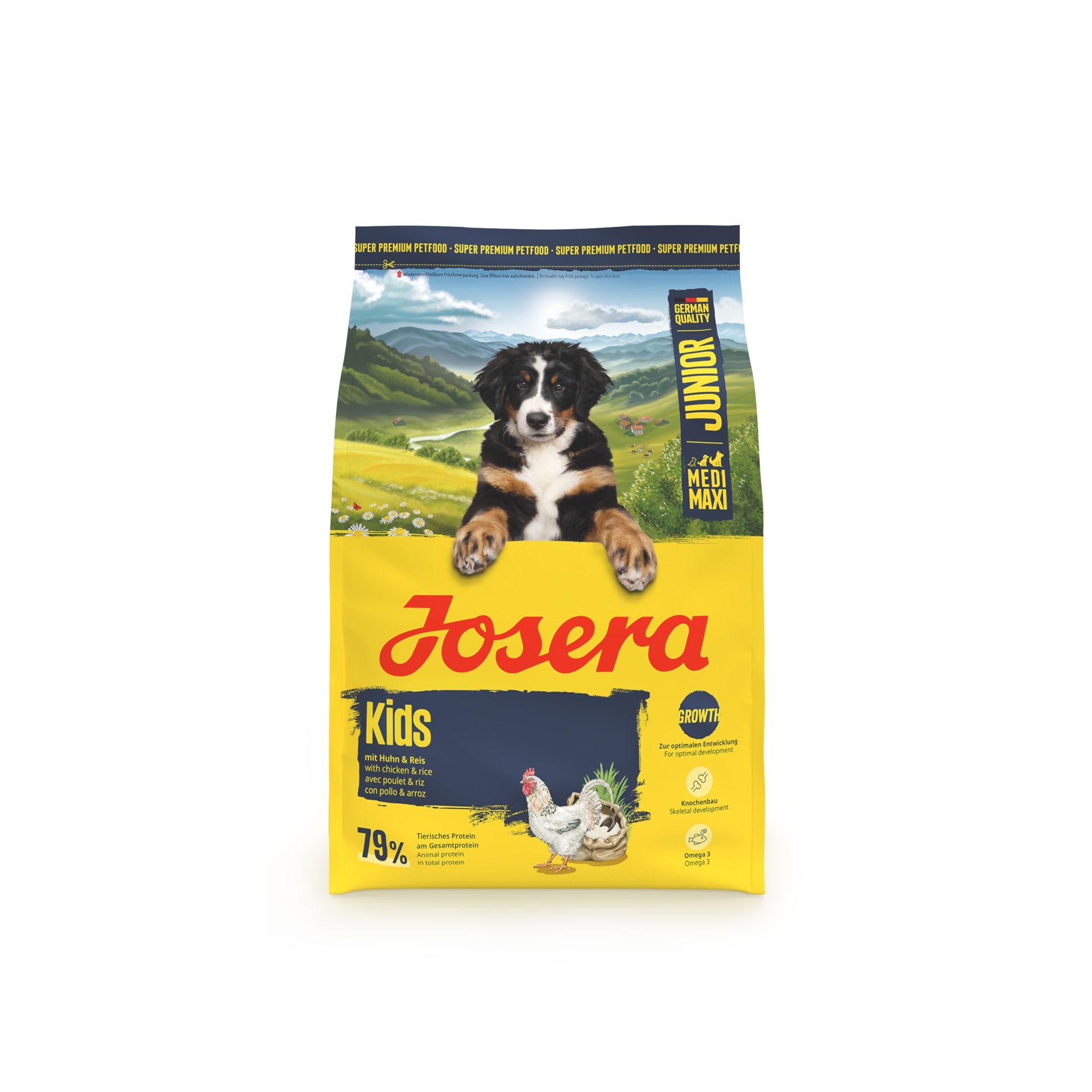 Josera Kids Hundefutter-Sack mit Berner Sennenhund-Welpenmotiv und Hühnerabbildung.