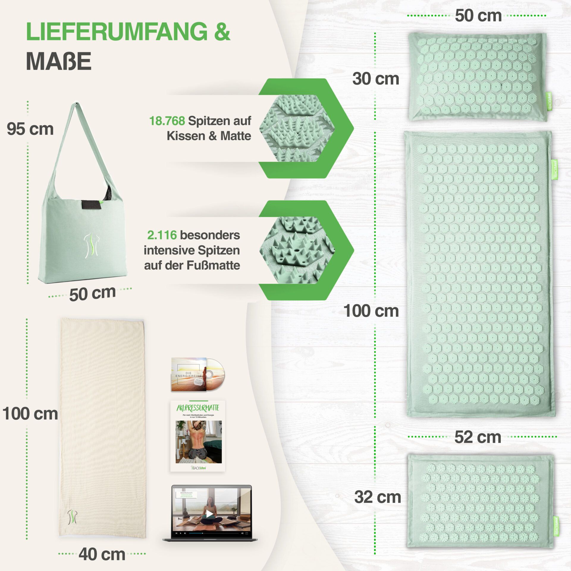 Akupressurmatten-Set mit Matte, Kissen, Fußmatte. Maße: Matte 100x50cm, Kissen 30x50cm, Fußmatte 32x52cm. Tragetasche.