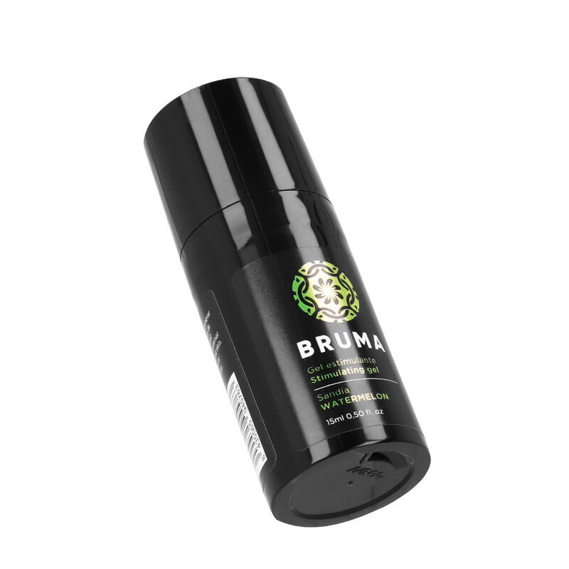 Schwarze Flasche mit BRUMA Logo und der Aufschrift "Gel estimulante", "Stimulating gel", "Sandia WATERMELON", "15ml 0.50 fl.oz".
