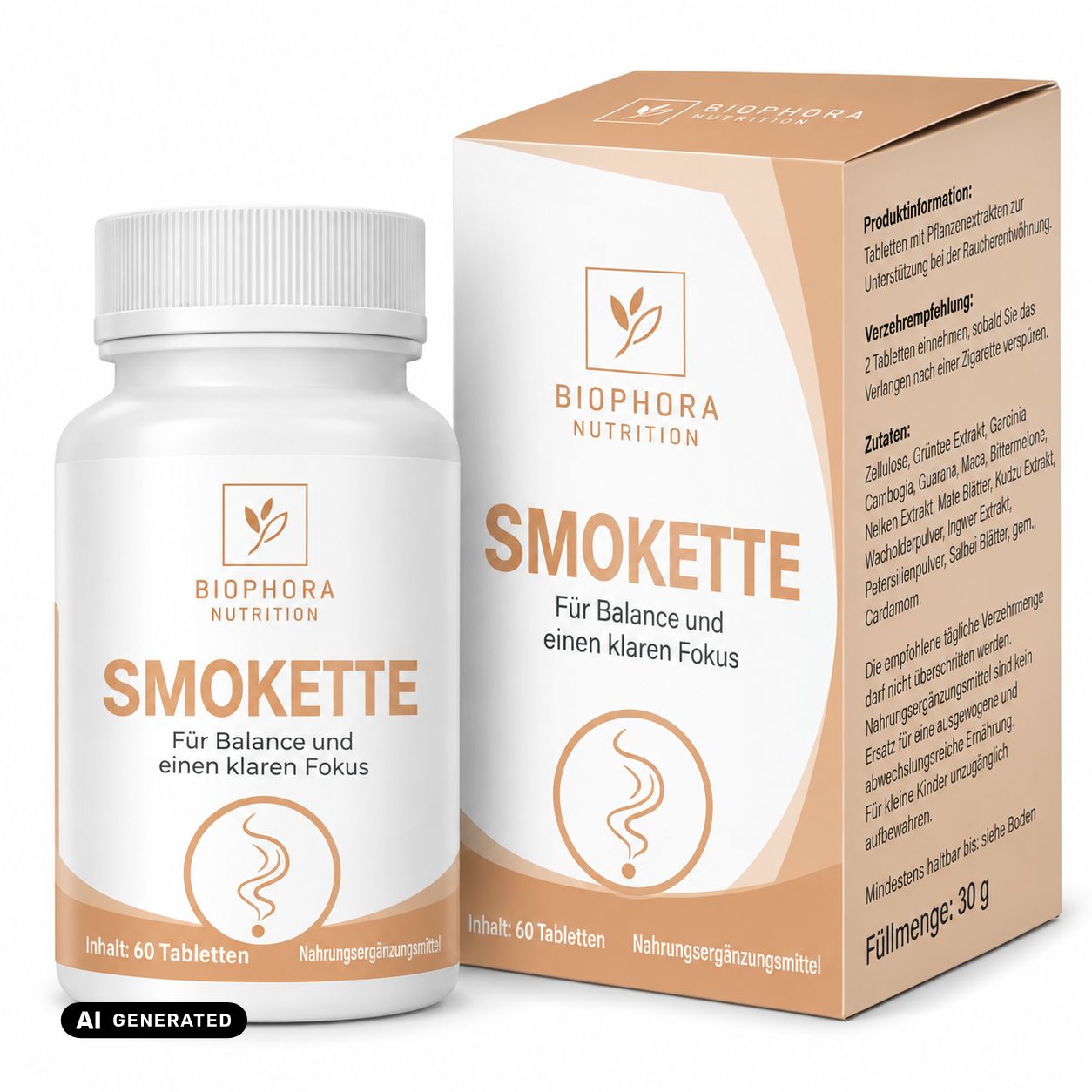 Smokette-Produktverpackung: Flasche und Karton mit Produktinformationen.