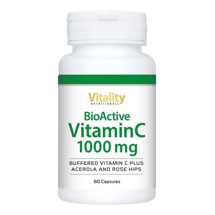 Weiße Flasche mit grünem Band. Aufschrift: Vitality Nutritionals BioActive Vitamin C 1000 mg. Enthält 60 Kapseln.