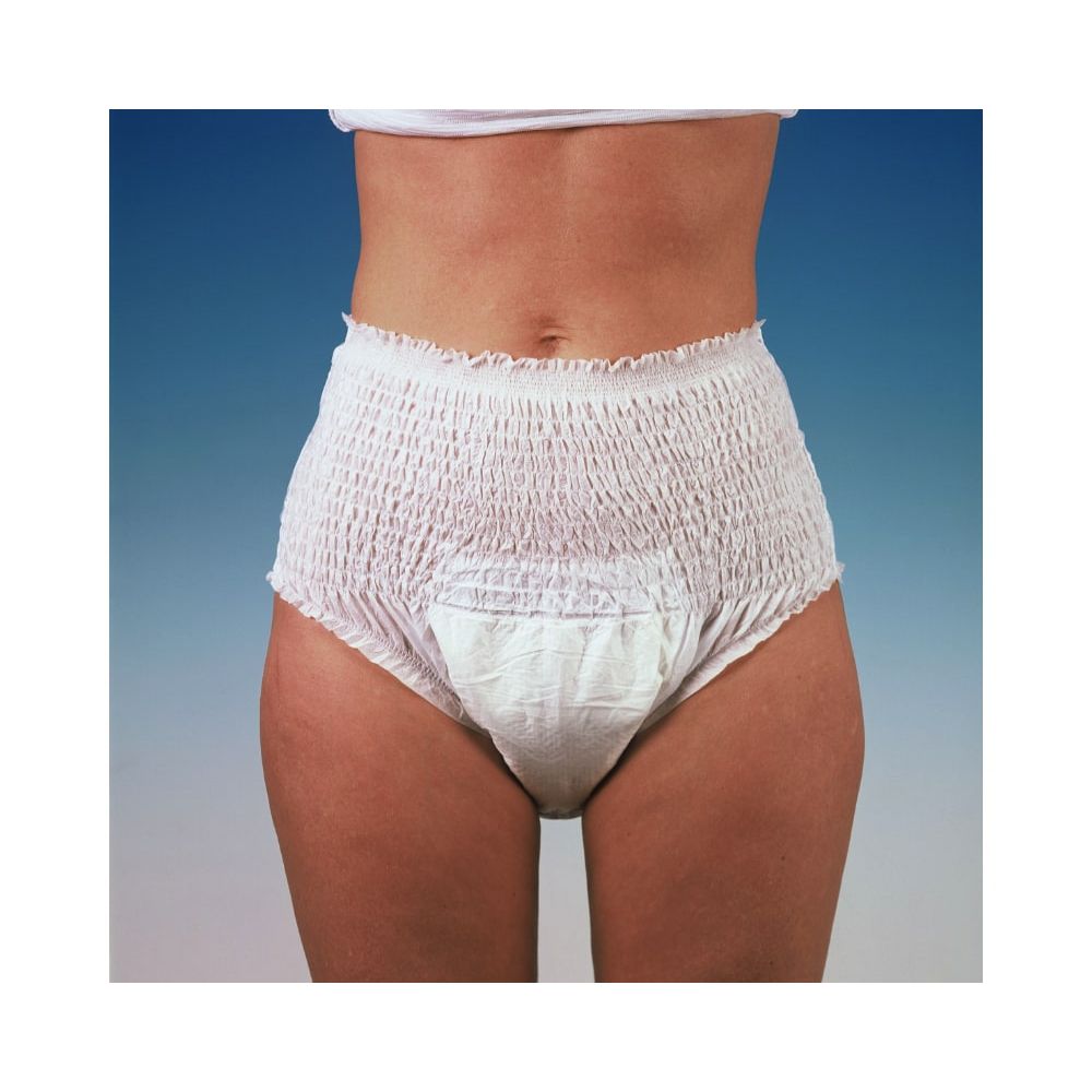 Person trägt weiße iD Pants Plus XS. Elastischer Bund. Anatomische Form. Für Inkontinenz.
