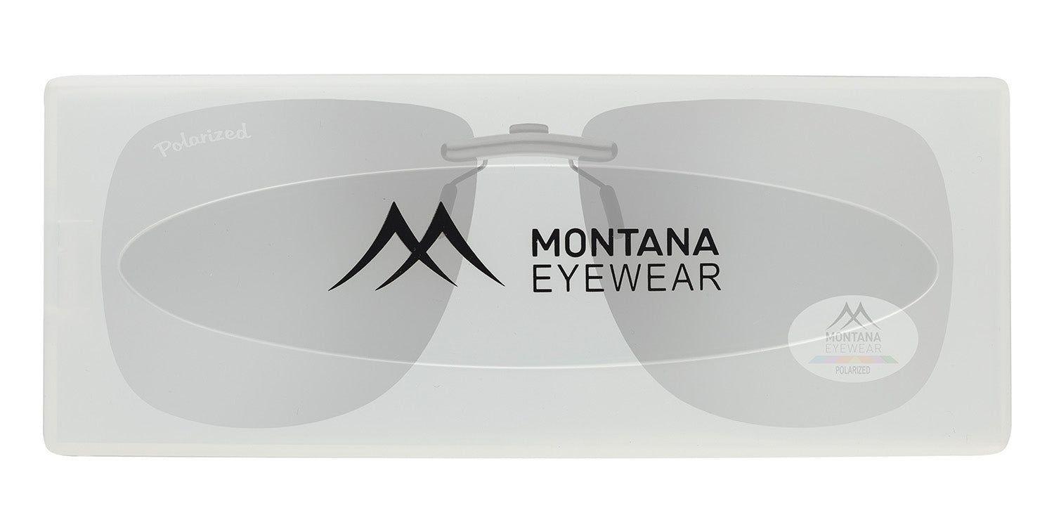 Clip-on-Sonnenbrille in transparenter Hülle. Montana Eyewear Logo sichtbar.
