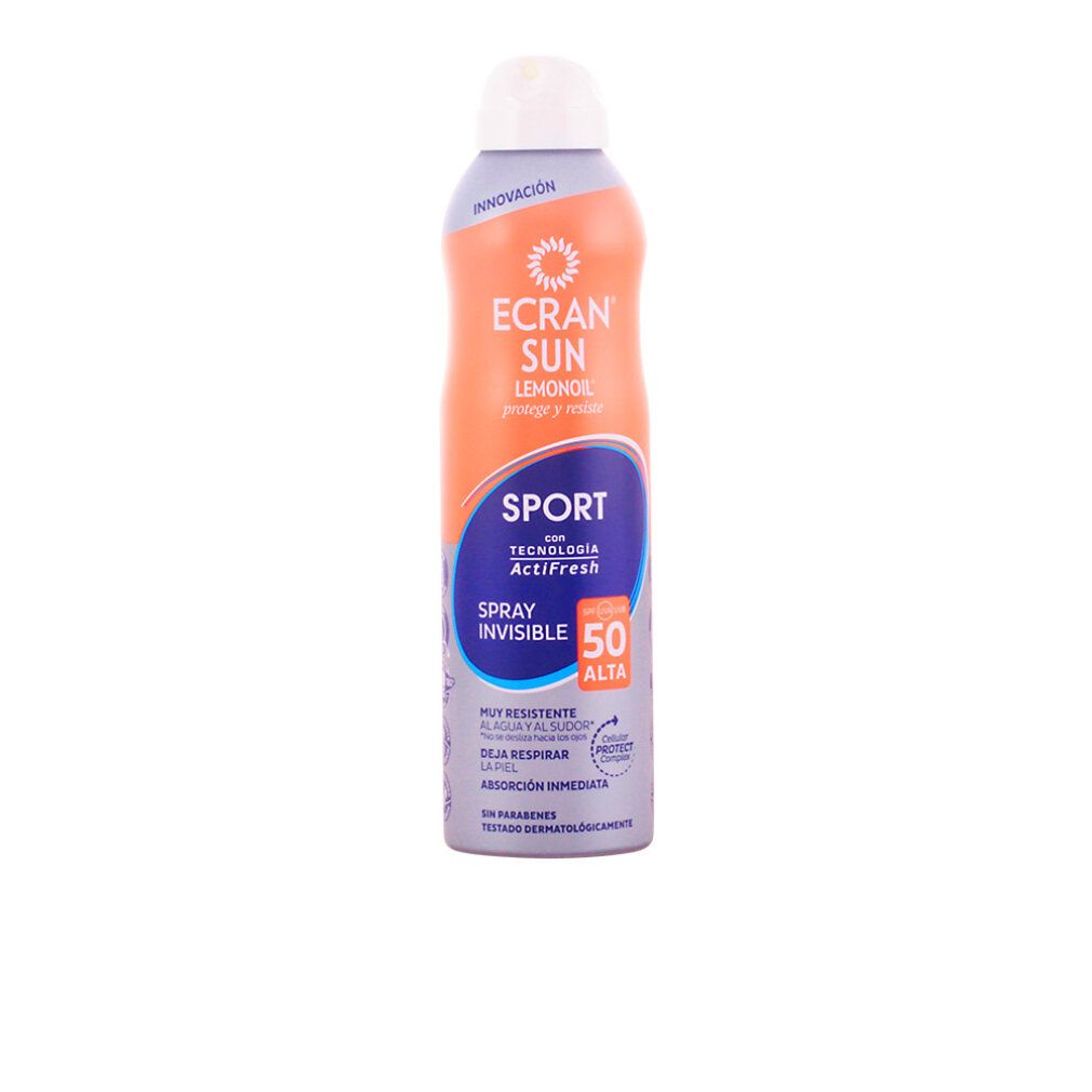 ECRAN SUN LEMON OIL Sport Sonnenspray, LSF 50. Unsichtbares Spray mit ActiFresh Technologie. Sehr wasserresistent.