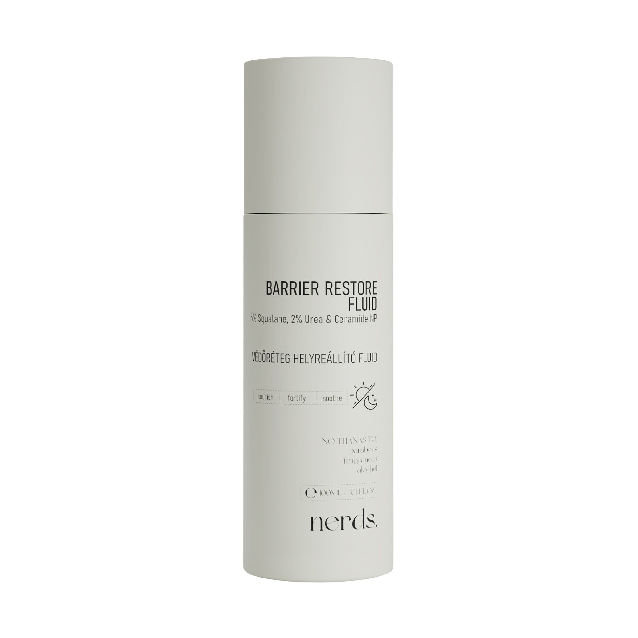 Flasche Barrier Restore Fluid, mit Text und Symbolen.