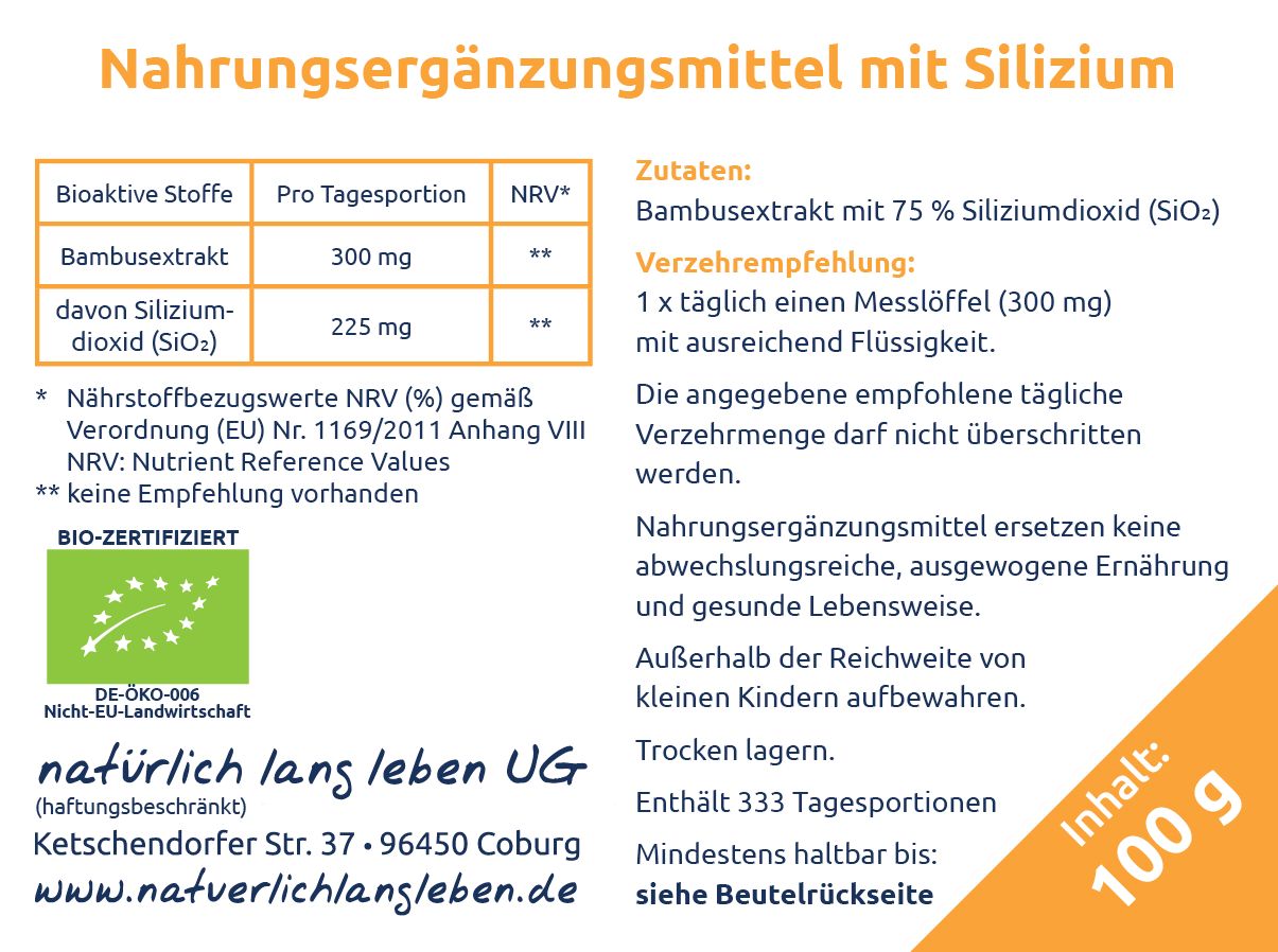 Nahrungsergänzungsmittel mit Bambusextrakt und Silizium, 100g.