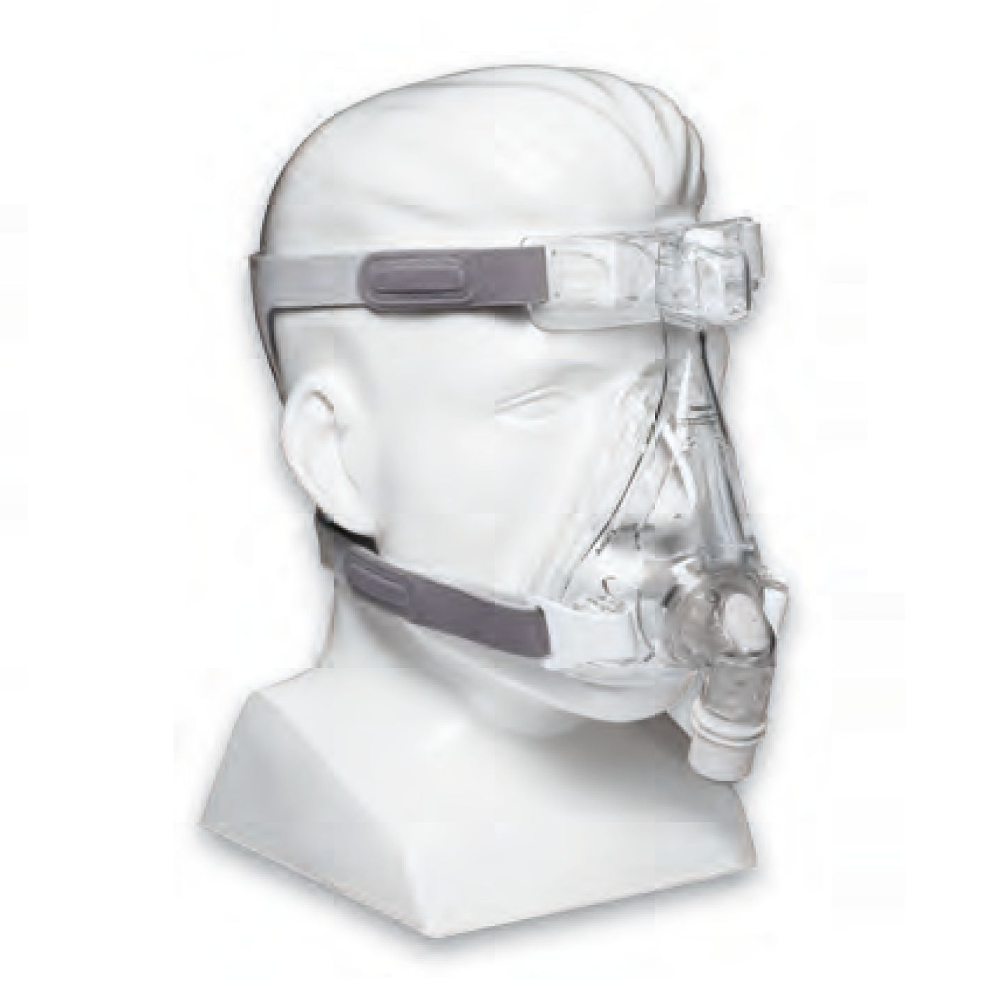 Nasen-Mund-Maske mit Kopfband. Transparente Maske mit grauen Bändern und Ausatemventil. Auf einer weißen Büste dargestellt.