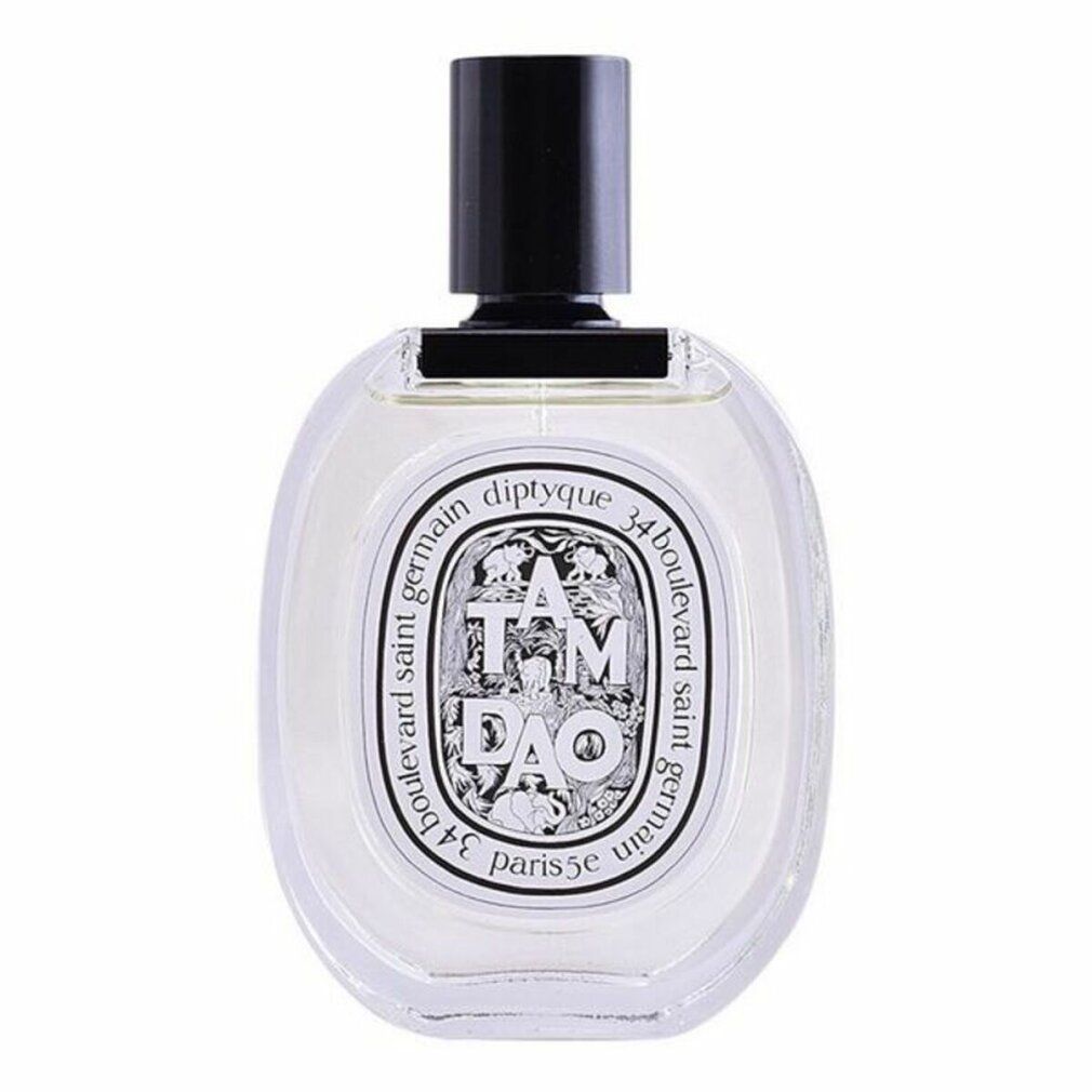 Runde Parfümflasche mit schwarzem Verschluss. Aufschrift: Tam Dao, Diptyque, 34 boulevard saint germain, Paris 5e.
