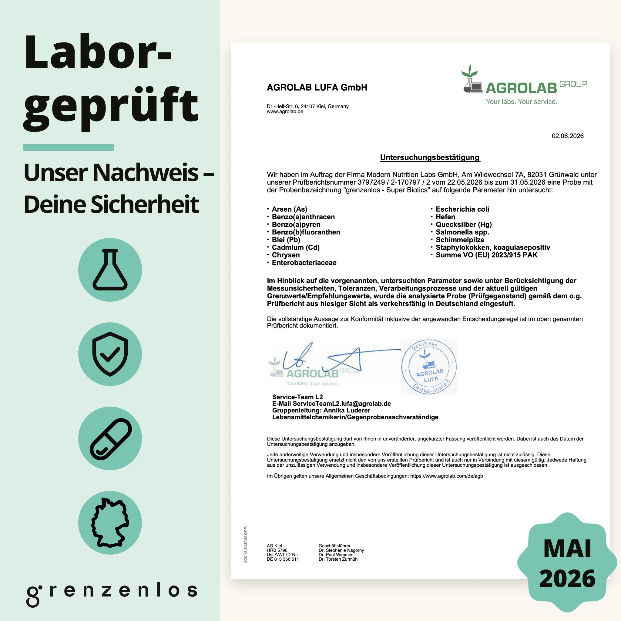 Laborbericht von AGROLAB LUFA GmbH für grenzenlos. Bestätigt Prüfung auf diverse Parameter. Gültig bis Mai 2026.