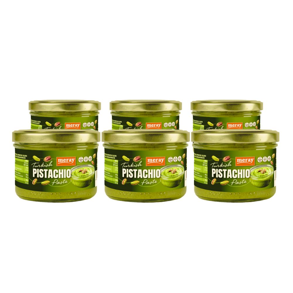 Sechs Gläser Pistazienpaste mit goldenen Deckeln. Aufschrift: Turkish Pistachio Paste, Marke Meray.