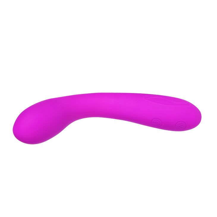 Lila Vibrator. Gebogene Form mit abgerundeten Enden. Drei Knöpfe. Glatte Oberfläche.