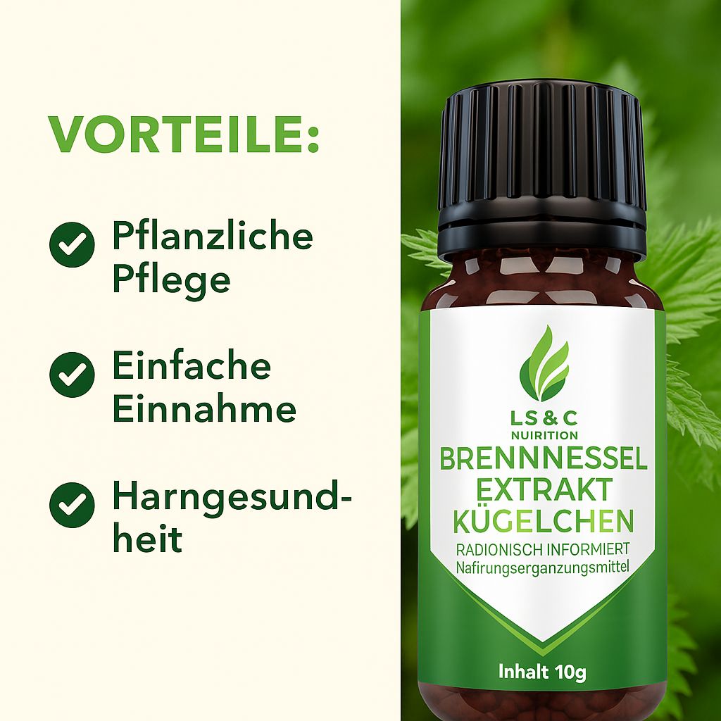 Braune Glasflasche mit schwarzem Deckel und grünem Etikett. Text: LS & C Nutrition, Brennnessel Extrakt Kügelchen. Neben Text: Vorteile, Pflanzliche Pflege, Einfache Einnahme, Harngesundheit.