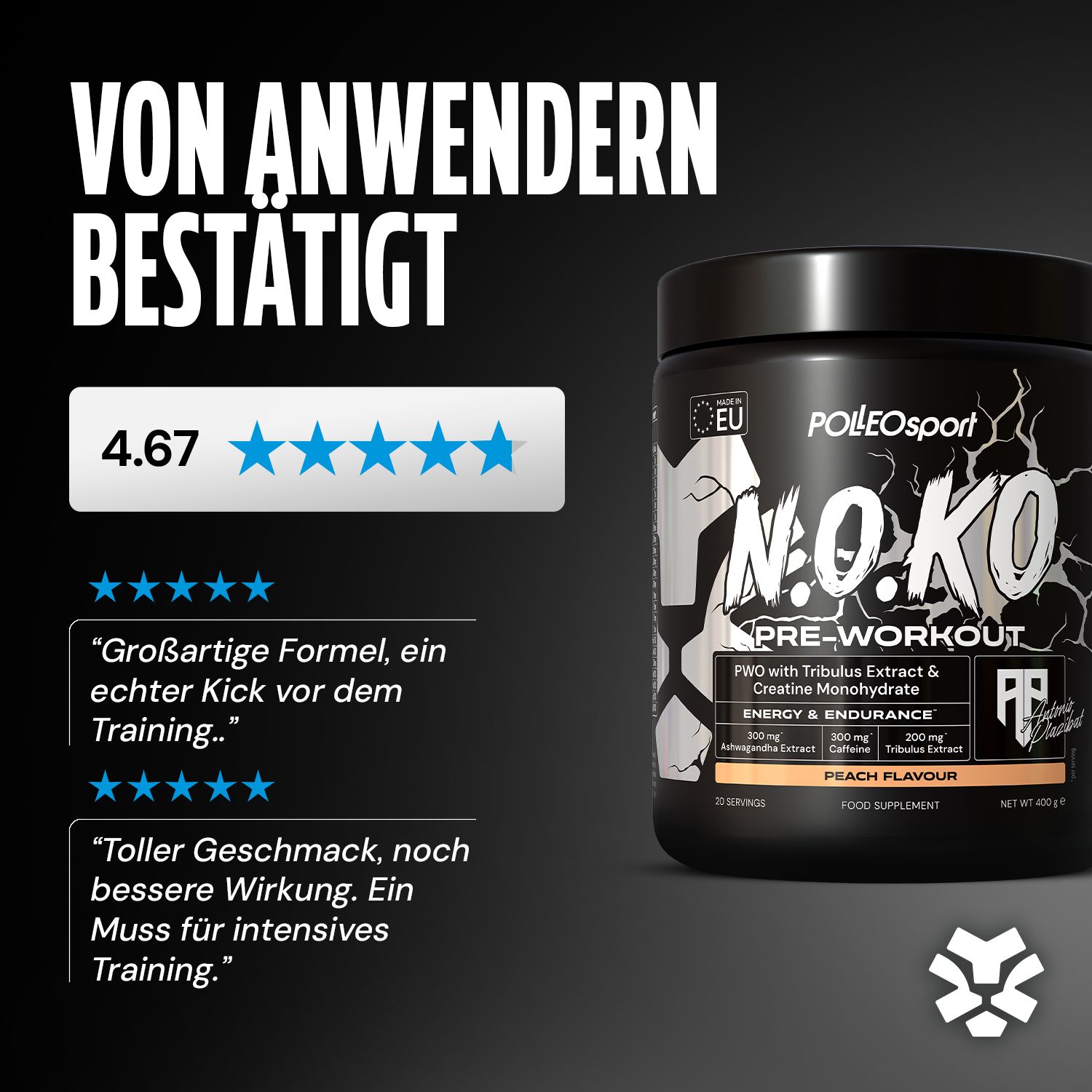 Dose N.O.KO Pre-Workout. 4.67 Sterne Bewertung. Text: Großartige Formel, toller Geschmack. Geschmack: Peach Flavour. 30 Portionen.