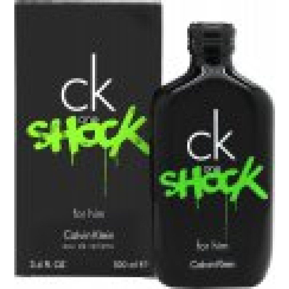 Schwarze Flasche und Verpackung mit grünem "ck one SHOCK"-Schriftzug. "Calvin Klein" und "for him" sind ebenfalls sichtbar.