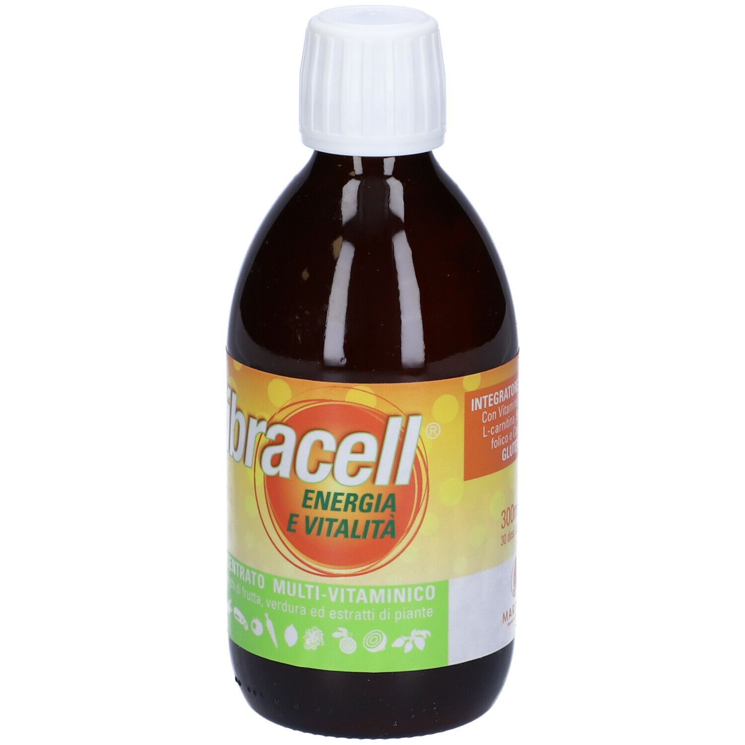 Flacone marrone Vibracell. Etichetta giallo-arancio con nome prodotto e scritta 'Energia e Vitalità'. Tappo bianco.