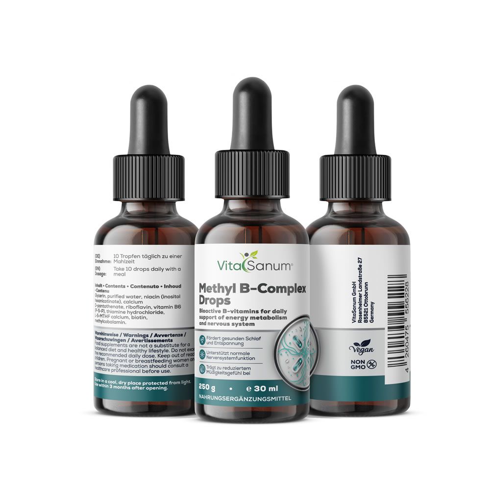 Drei braune Glasflaschen mit Pipettenverschluss, VitaSanum Methyl B-Komplex Tropfen, 30 ml.