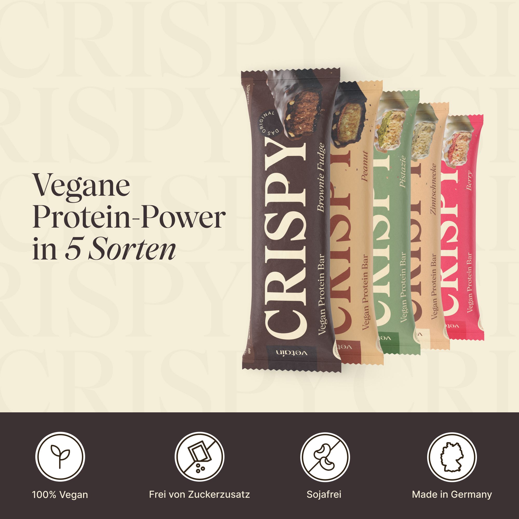 Fünf Proteinriegel in verschiedenen Geschmacksrichtungen. Aufschrift: CRISPY Vegan Protein Bar. Text: Vegane Protein-Power in 5 Sorten.