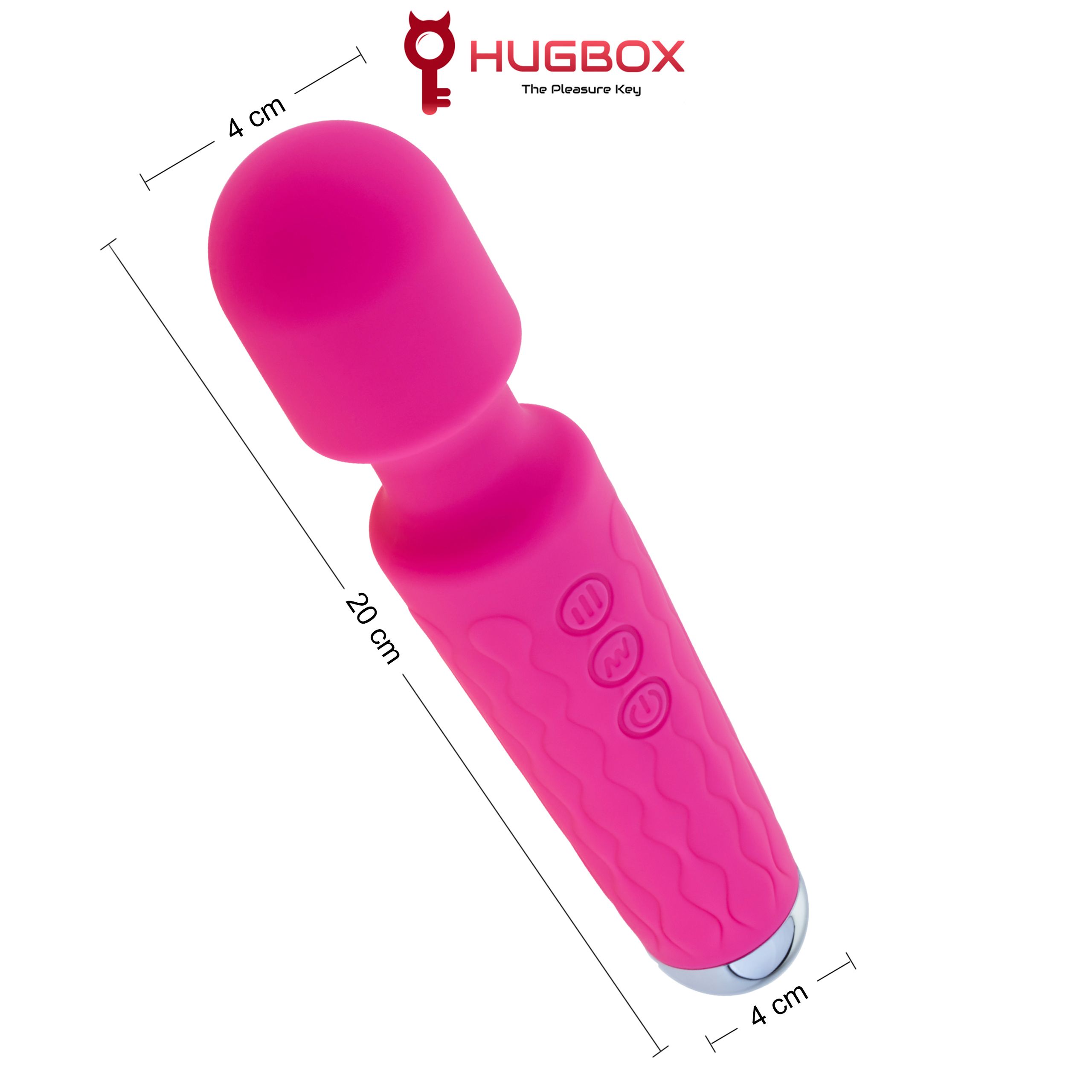 Pinkfarbener Vibrator mit wellenförmiger Textur am Griff. Silberfarbene Spitze. Maße: 20 cm lang, 4 cm breit. HUGBOX Logo.